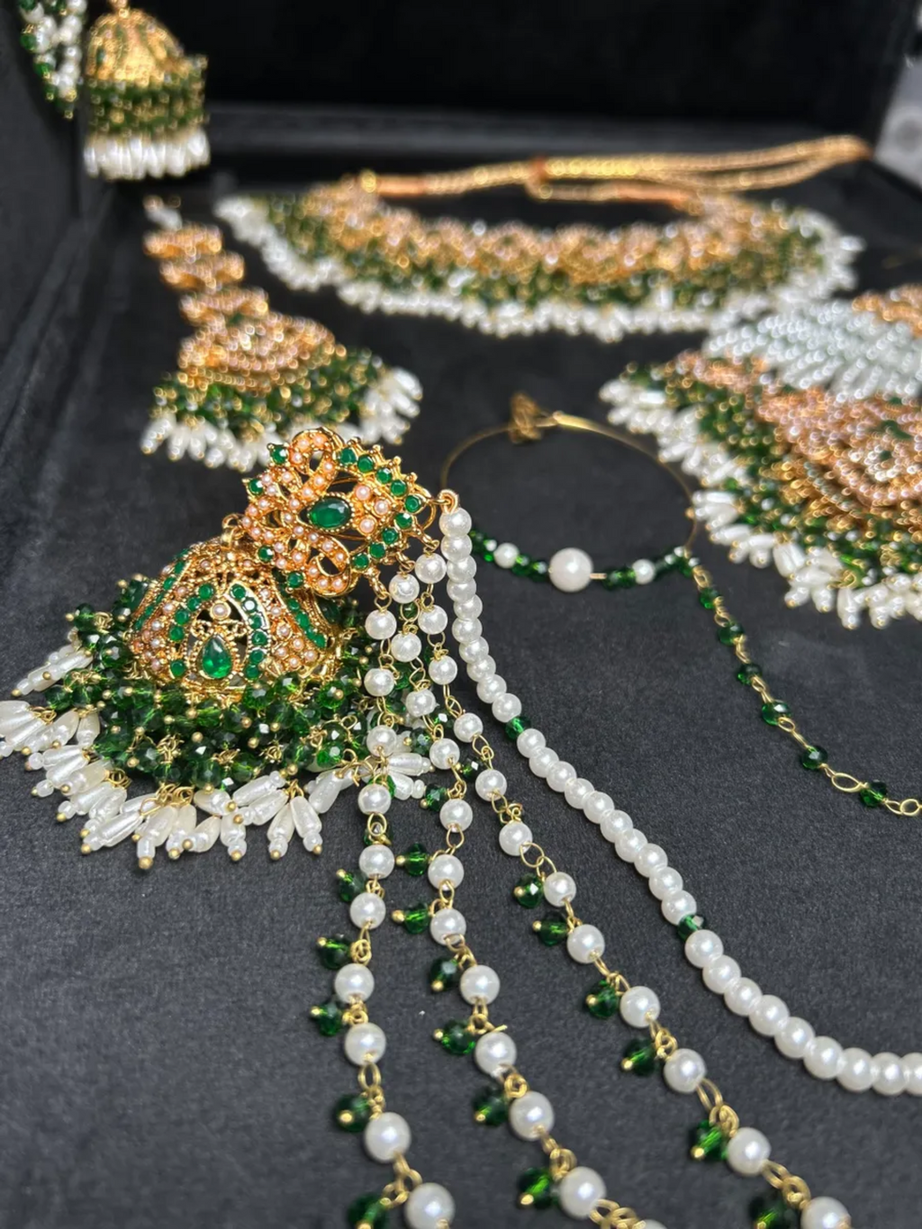 Beautiful Gold, White & Green Heavily Beaded Bridal Set - Jewelsbyrani