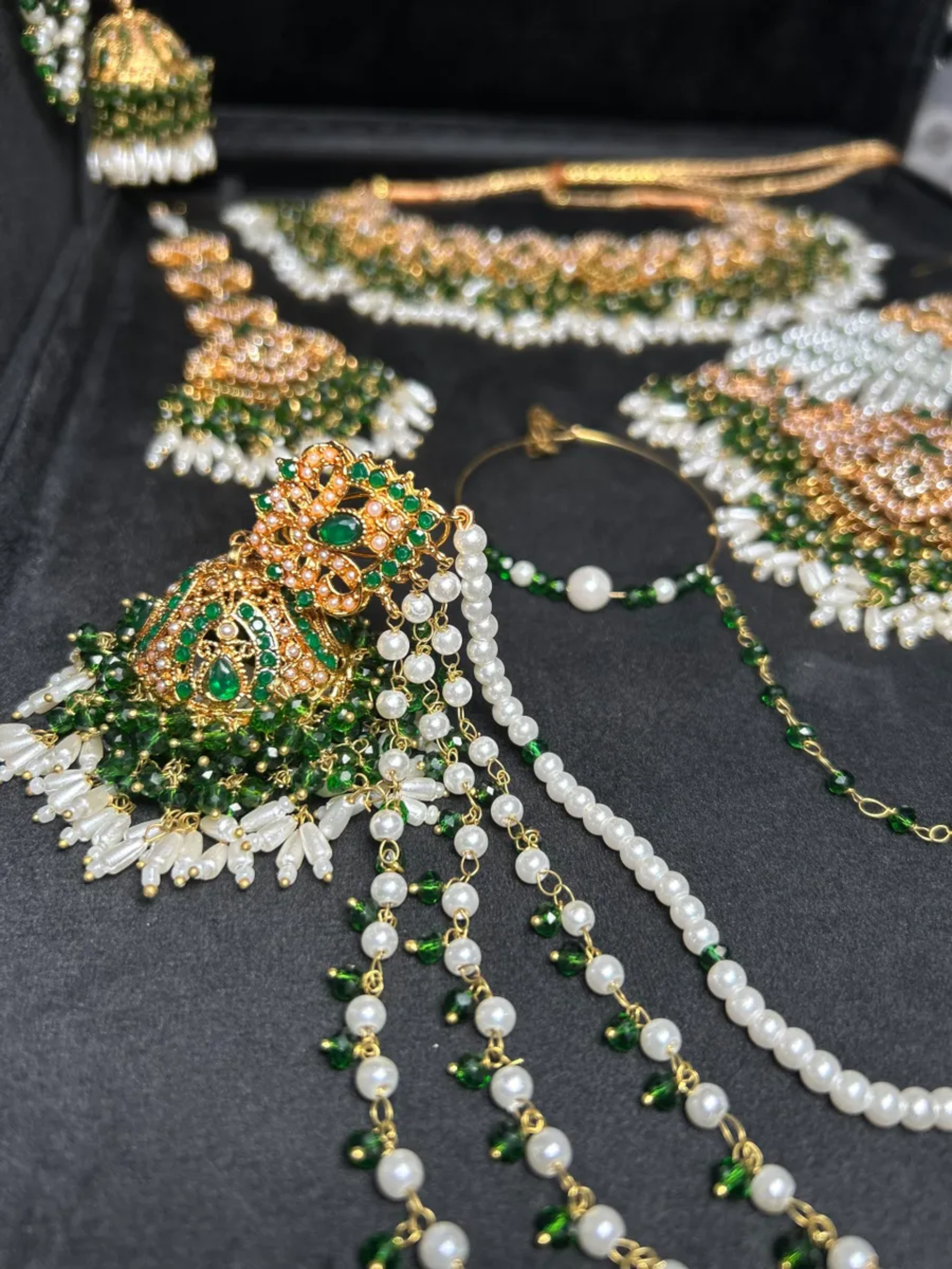 Beautiful Gold, White & Green Heavily Beaded Bridal Set