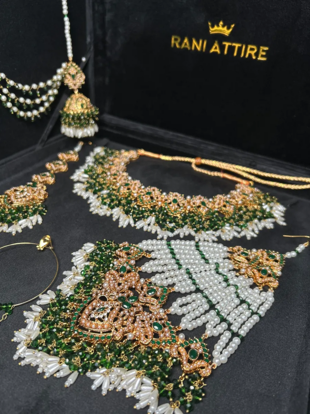 Beautiful Gold, White & Green Heavily Beaded Bridal Set - Jewelsbyrani