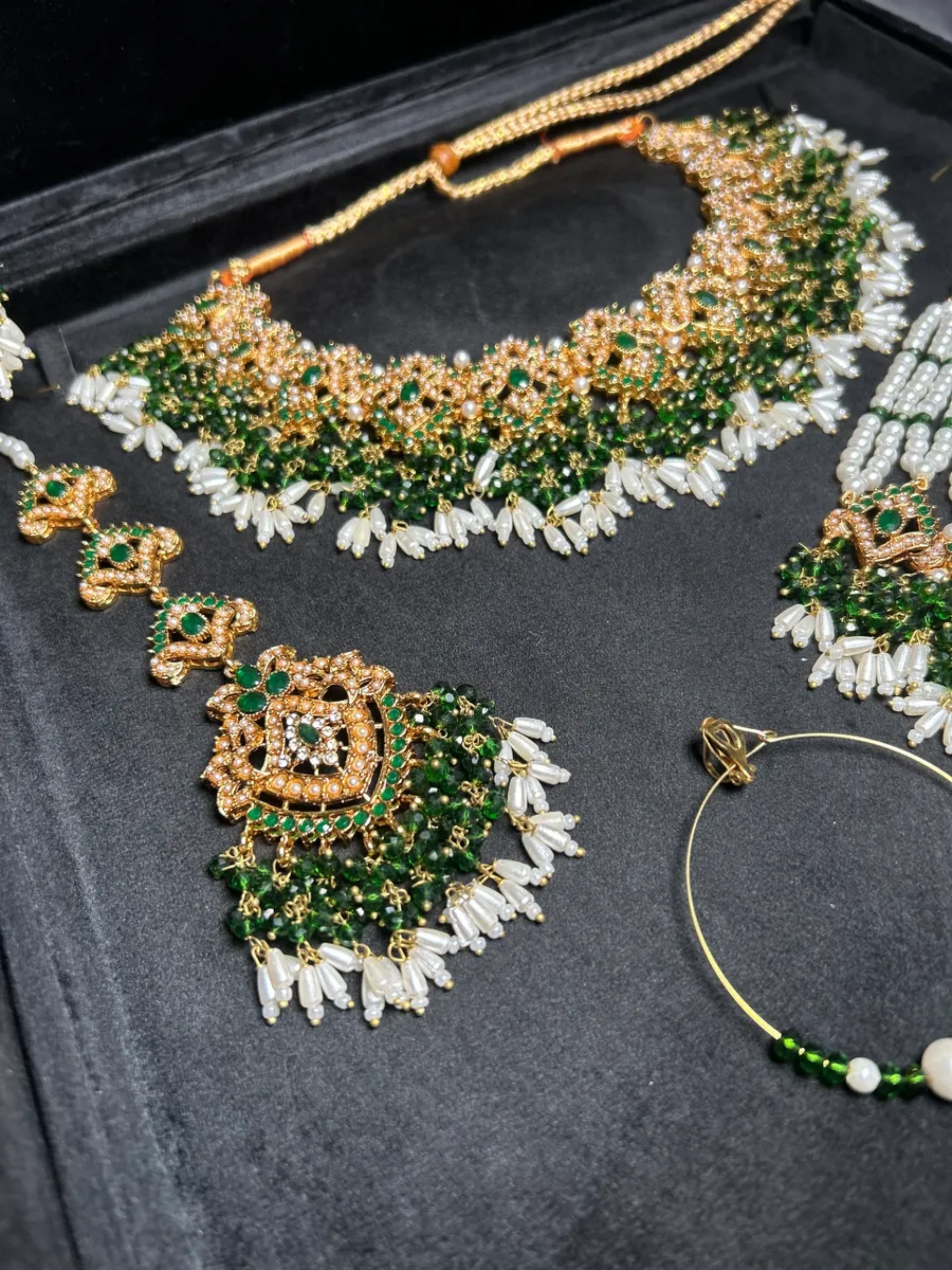 Beautiful Gold, White & Green Heavily Beaded Bridal Set