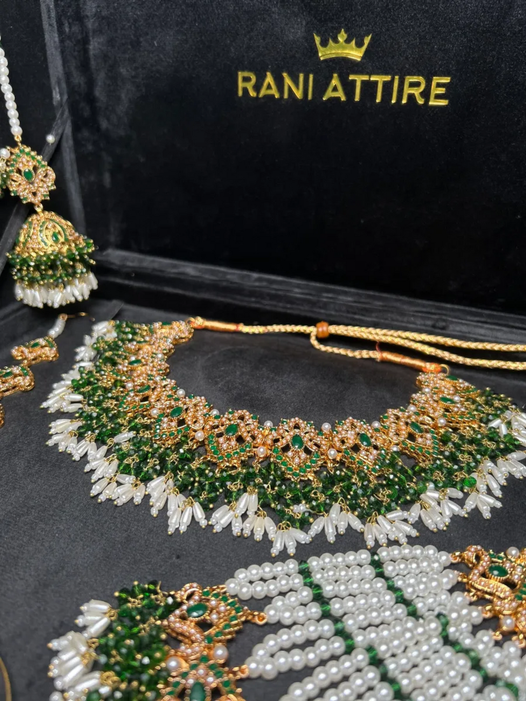 Beautiful Gold, White & Green Heavily Beaded Bridal Set - Jewelsbyrani