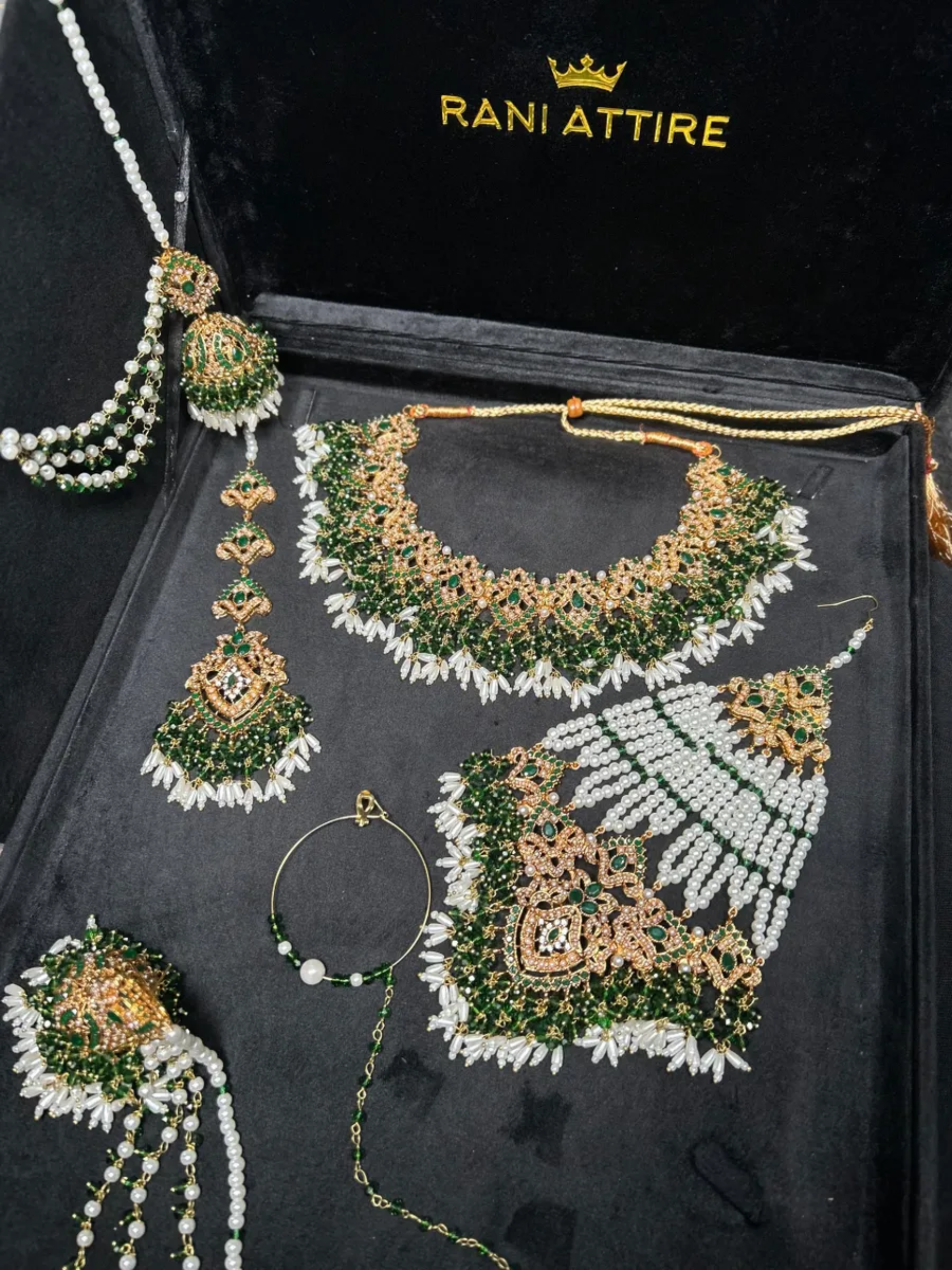 Beautiful Gold, White & Green Heavily Beaded Bridal Set