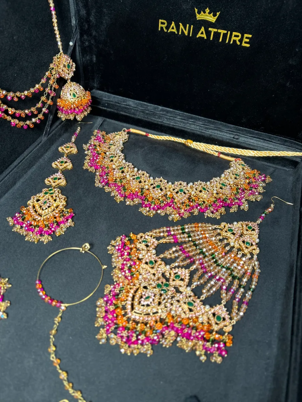 Multi Neckkace Green, Orange & Hot Pink coloured necklace set, with heavily beaded Jhumkies & tikka - Jewelsbyrani