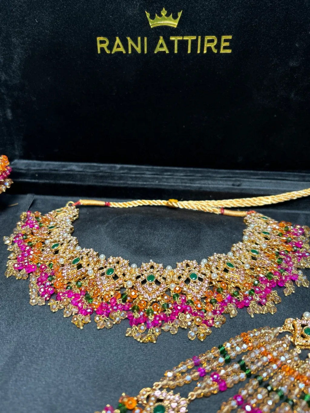 Multi Neckkace Green, Orange & Hot Pink coloured necklace set, with heavily beaded Jhumkies & tikka - Jewelsbyrani