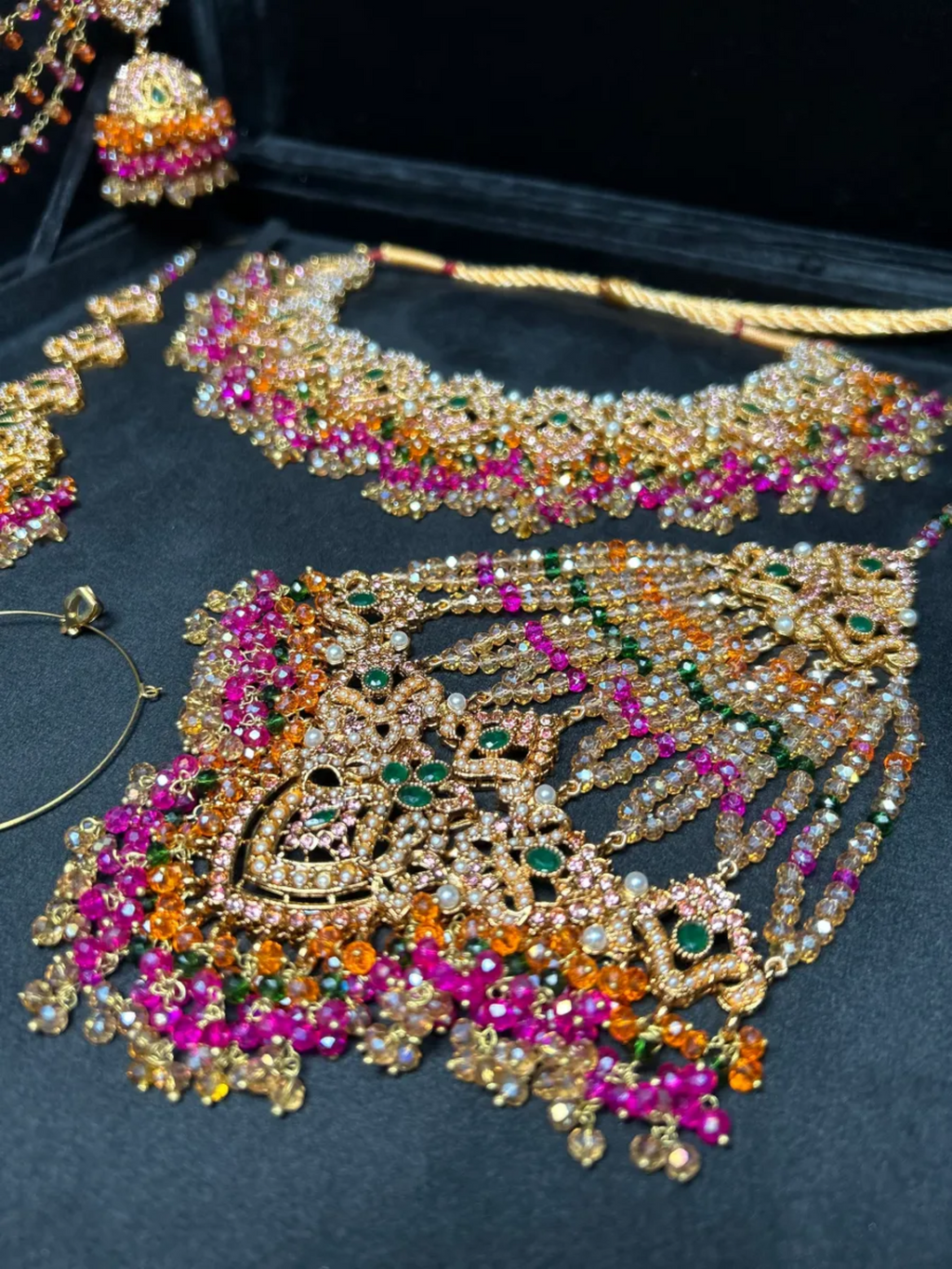 Multi Neckkace Green, Orange & Hot Pink coloured necklace set, with heavily beaded Jhumkies & tikka - Jewelsbyrani