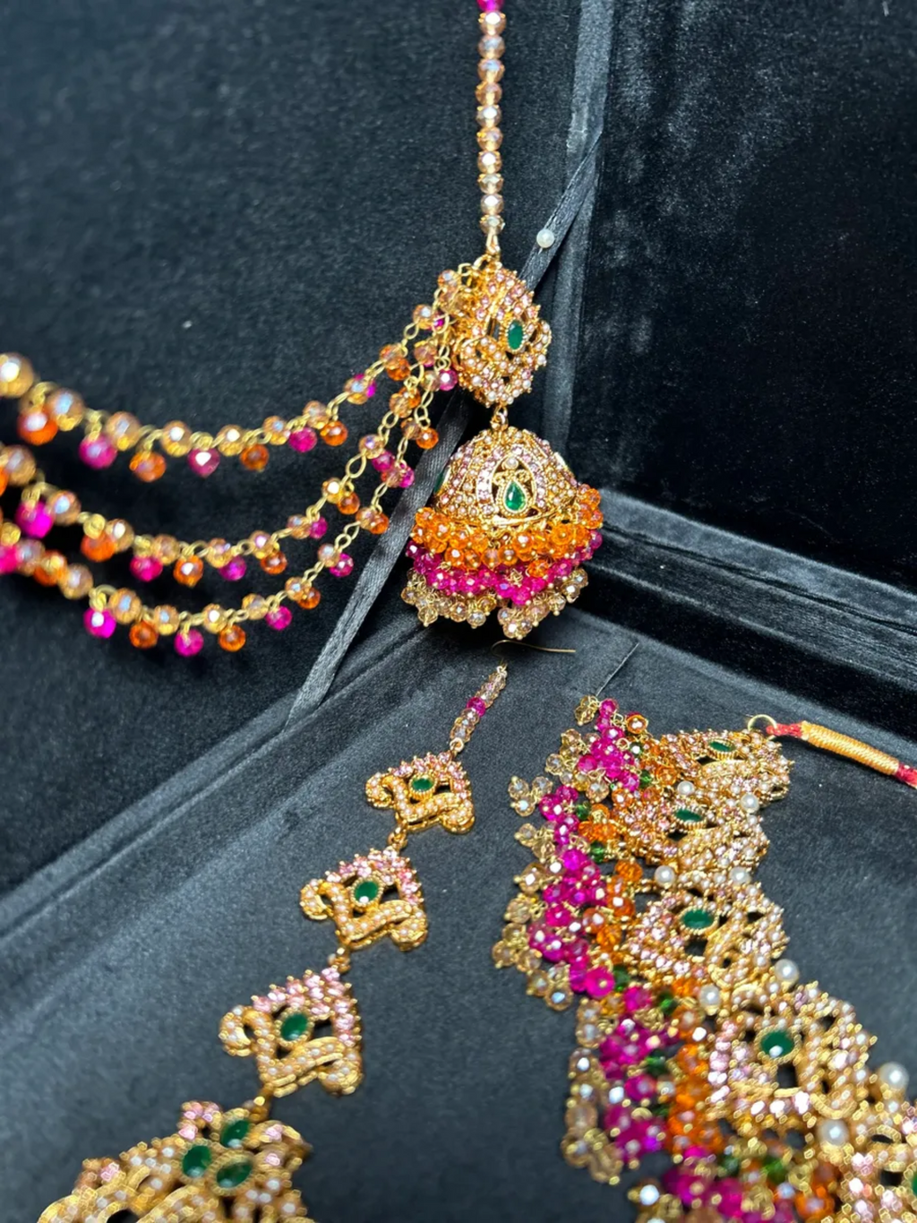 Multi Neckkace Green, Orange & Hot Pink coloured necklace set, with heavily beaded Jhumkies & tikka - Jewelsbyrani