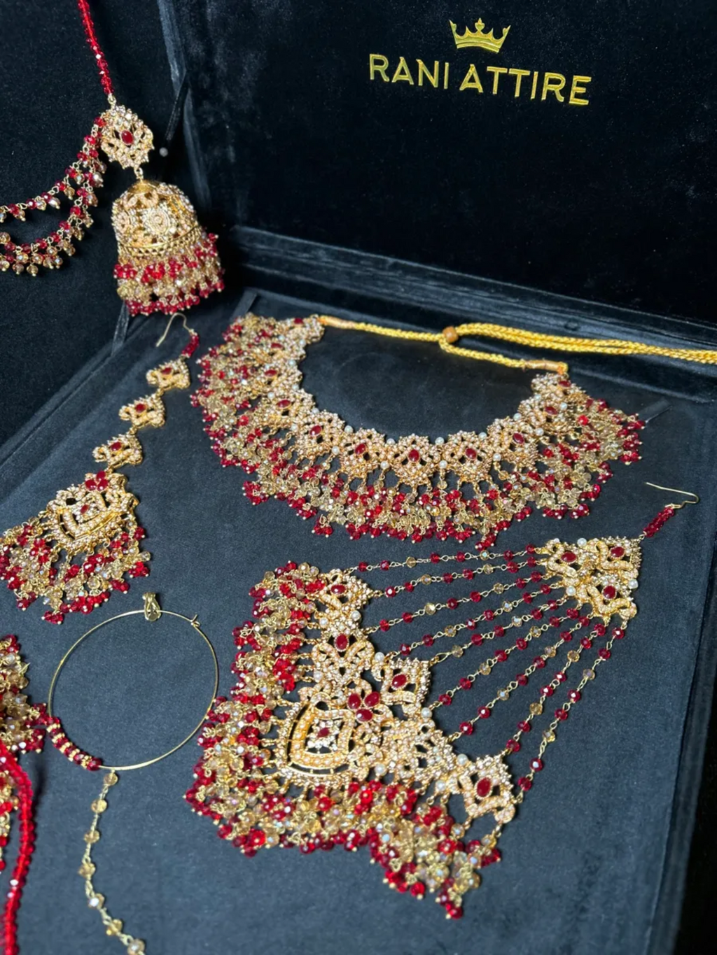 Gorgeous Deep Red & Gold Necklace set, with heavily beaded earrings & tikka. - Jewelsbyrani