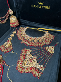 Gorgeous Deep Red & Gold Necklace set, with heavily beaded earrings & tikka. - Jewelsbyrani