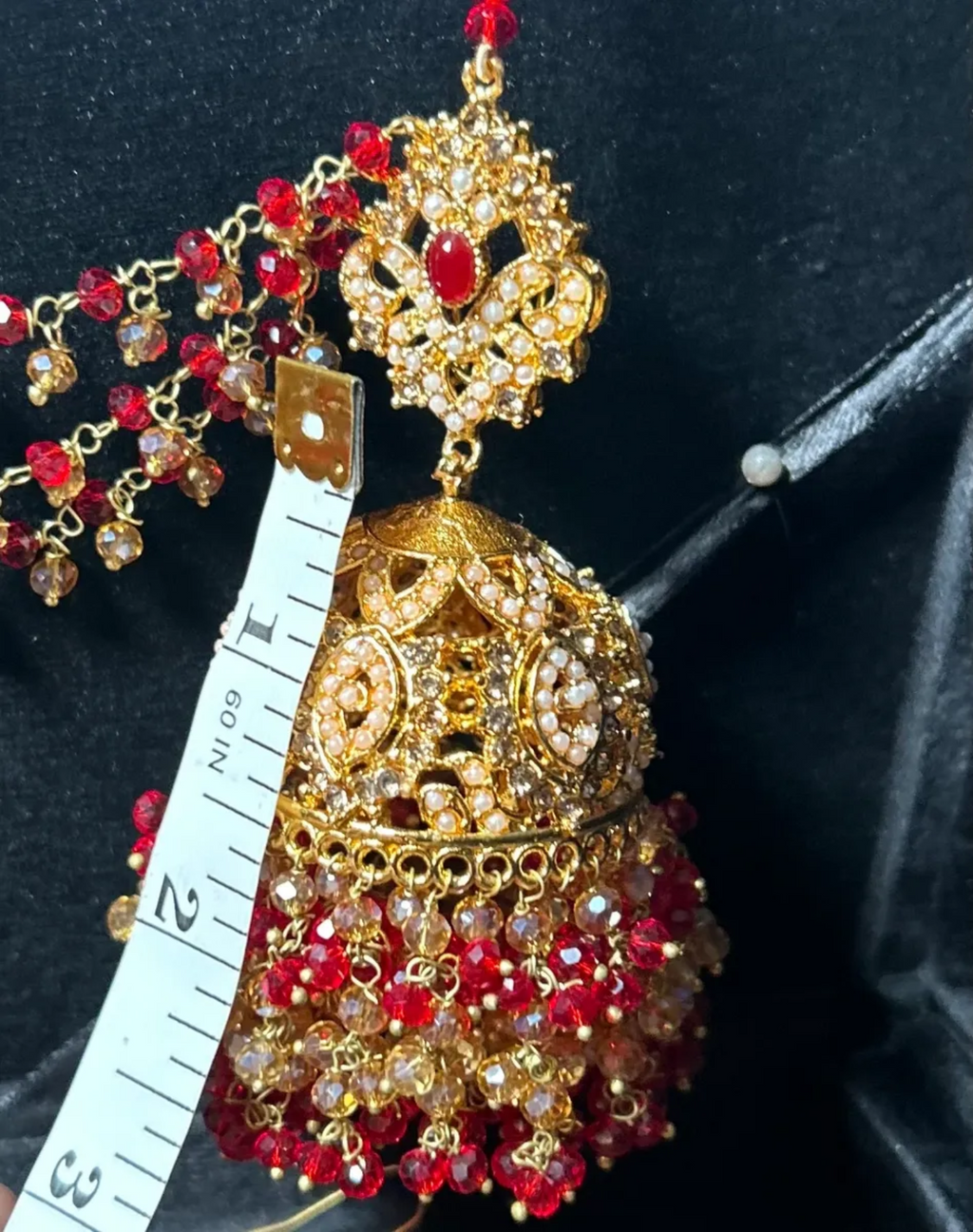 Gorgeous Deep Red & Gold Necklace set, with heavily beaded earrings & tikka. - Jewelsbyrani
