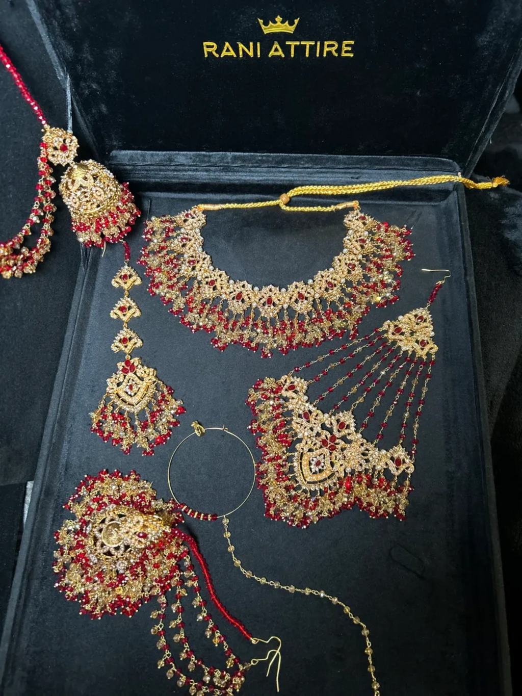Gorgeous Deep Red & Gold Necklace set, with heavily beaded earrings & tikka. - Jewelsbyrani