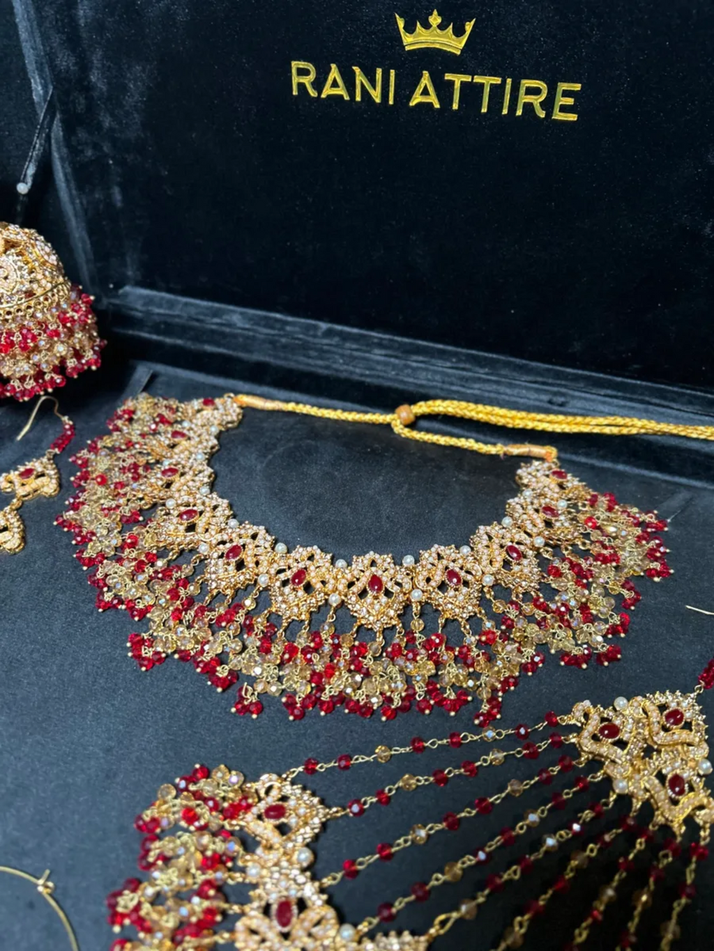 Gorgeous Deep Red & Gold Necklace set, with heavily beaded earrings & tikka. - Jewelsbyrani