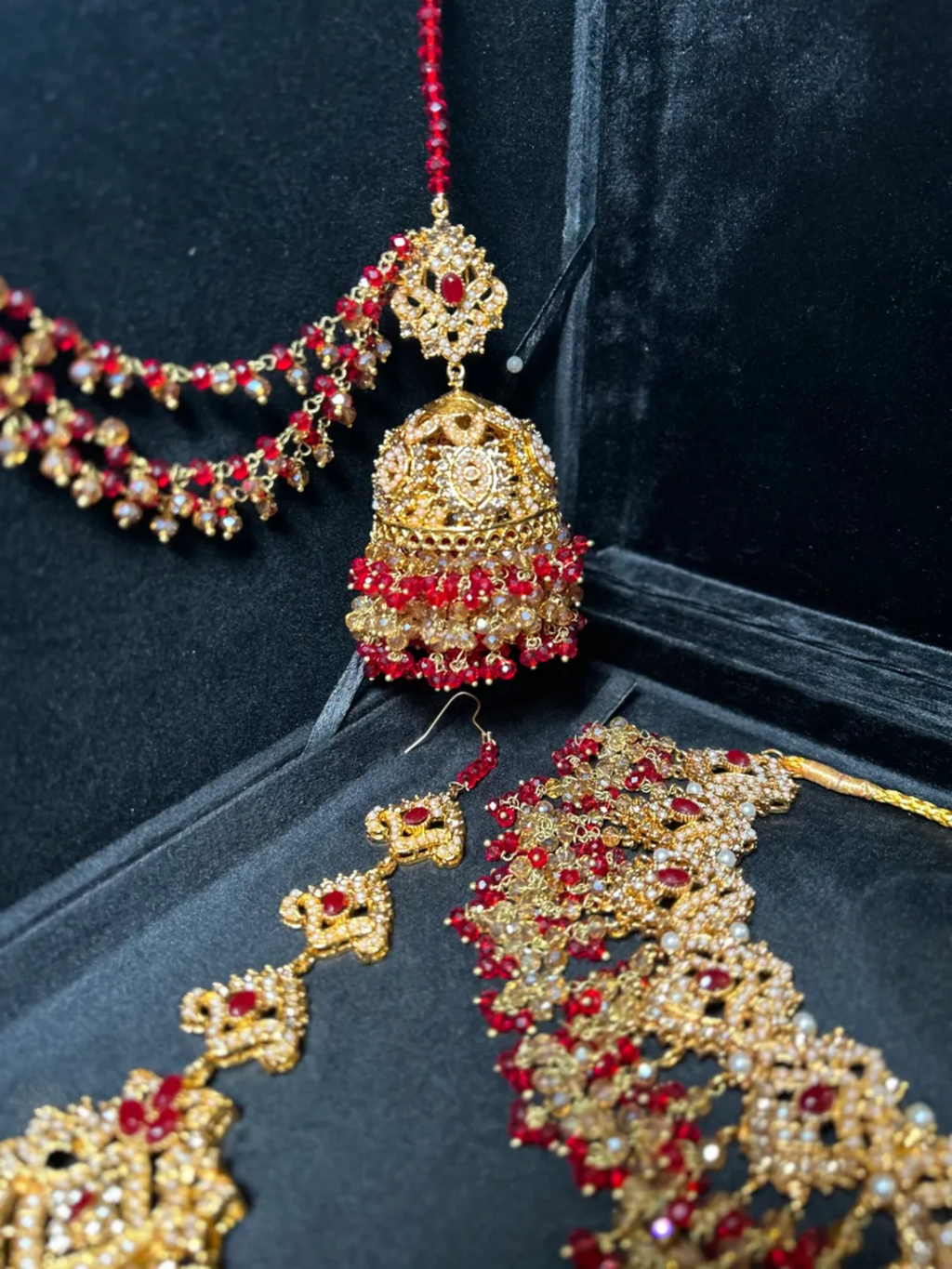 Gorgeous Deep Red & Gold Necklace set, with heavily beaded earrings & tikka. - Jewelsbyrani