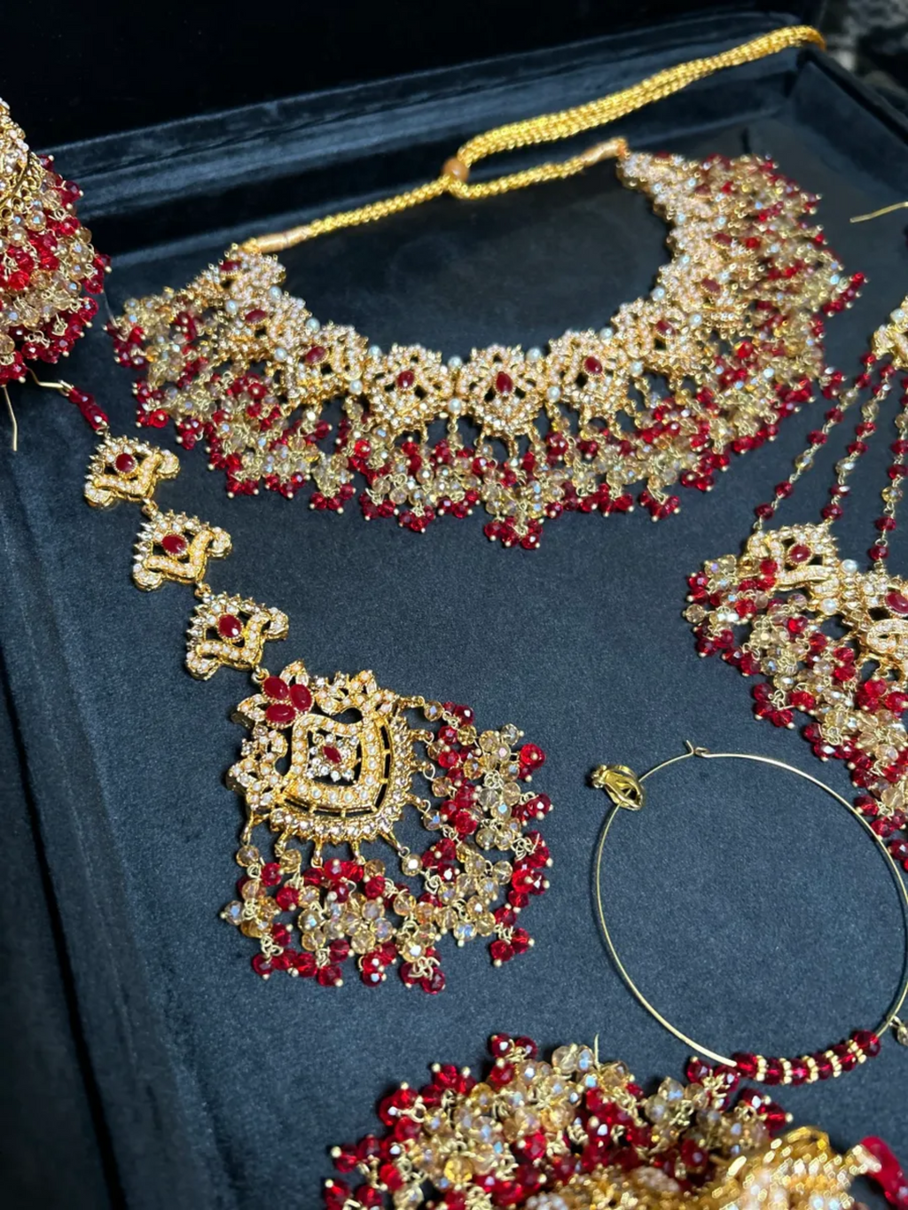Gorgeous Deep Red & Gold Necklace set, with heavily beaded earrings & tikka. - Jewelsbyrani