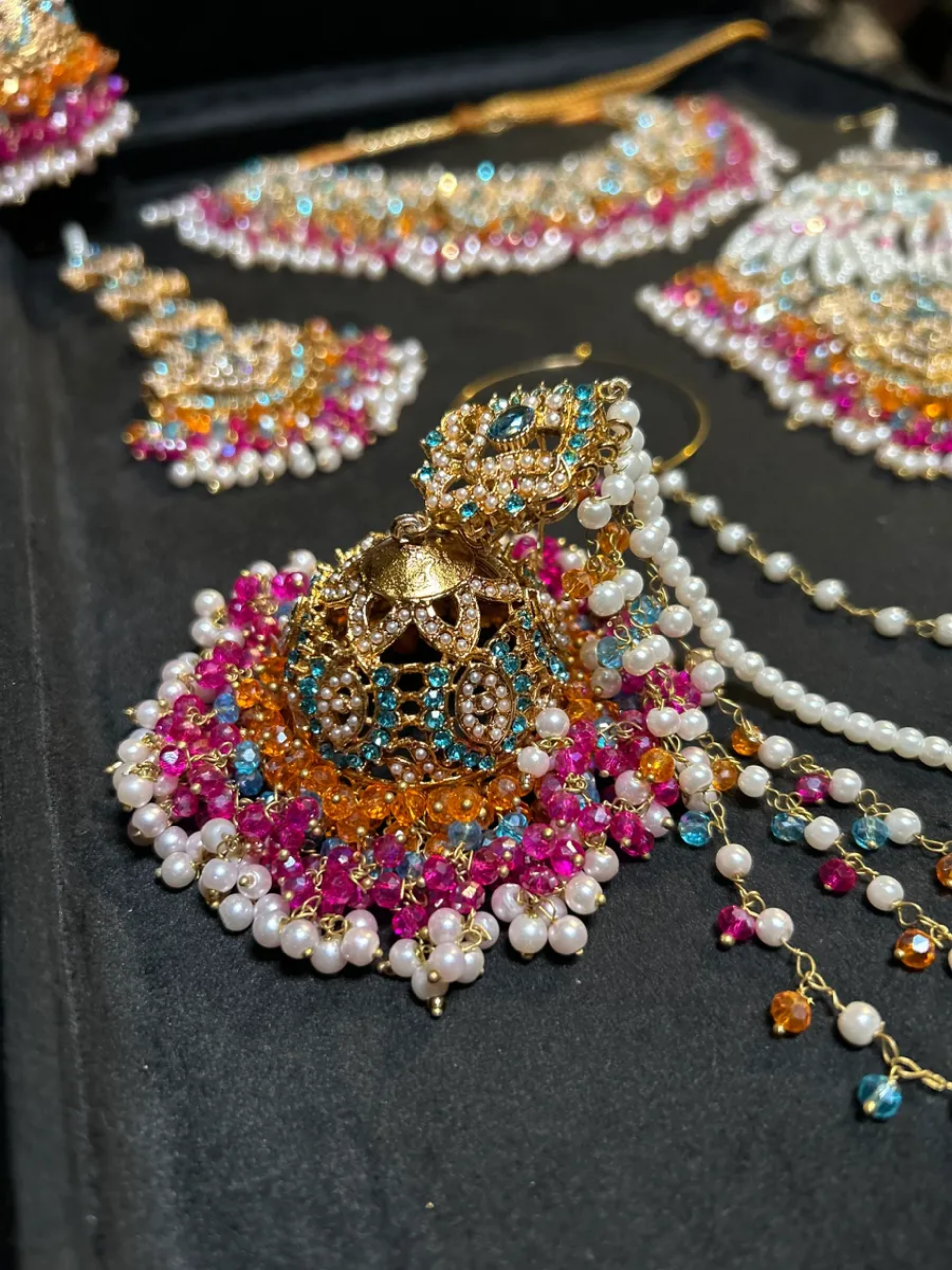 Multi Baby blue, Orange & Hot Pink coloured Mehndi necklace set, with heavily beaded Jhumkies & tikka | Gold Stones - Jewelsbyrani