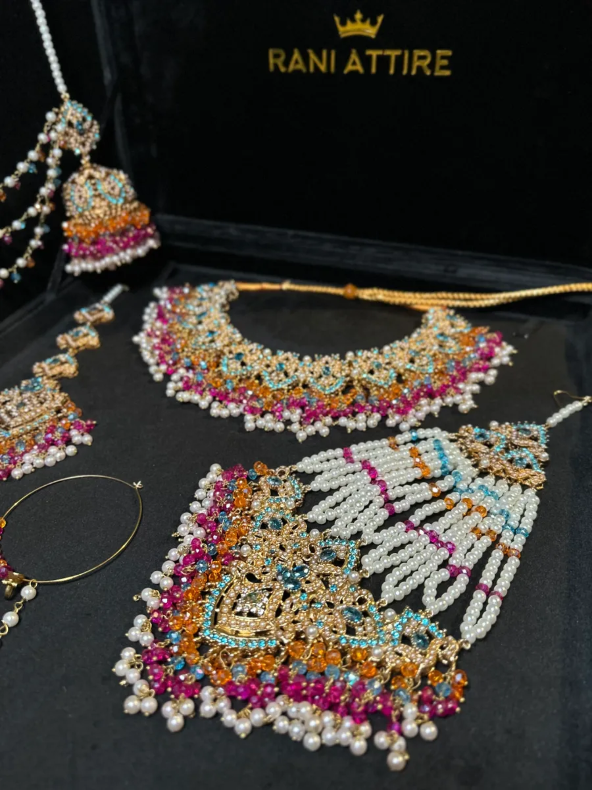 Multi Baby blue, Orange & Hot Pink coloured Mehndi necklace set, with heavily beaded Jhumkies & tikka | Gold Stones