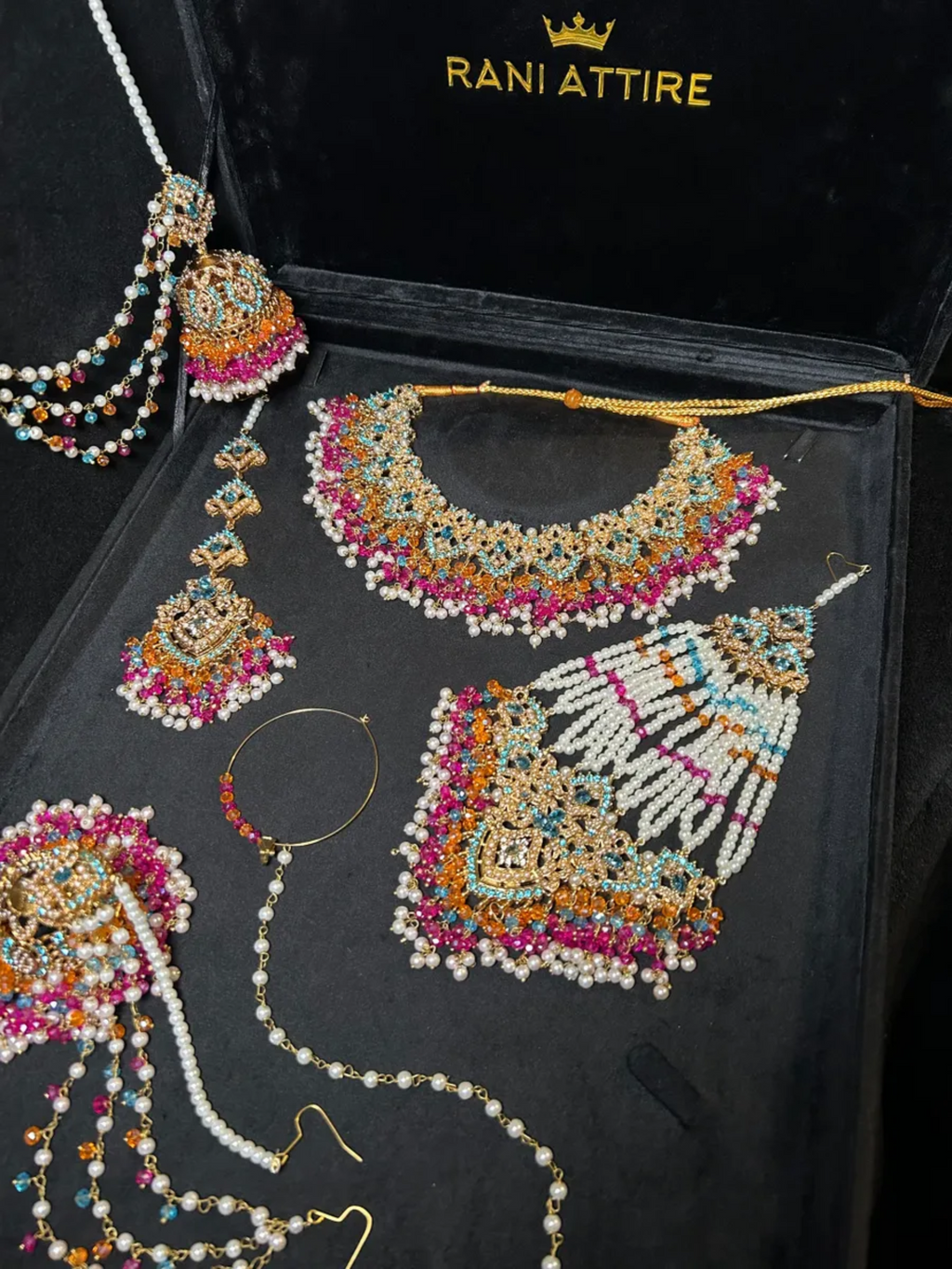 Multi Baby blue, Orange & Hot Pink coloured Mehndi necklace set, with heavily beaded Jhumkies & tikka | Gold Stones - Jewelsbyrani