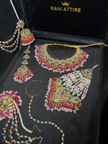 Multi Baby blue, Orange & Hot Pink coloured Mehndi necklace set, with heavily beaded Jhumkies & tikka | Gold Stones - Jewelsbyrani