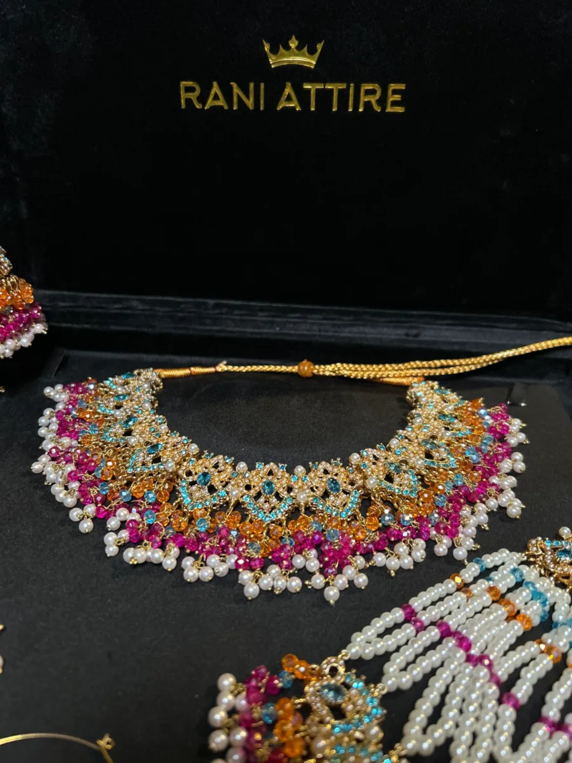 Multi Baby blue, Orange & Hot Pink coloured Mehndi necklace set, with heavily beaded Jhumkies & tikka | Gold Stones