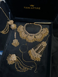 Detailed Gold Bridal Necklace set, with heavily beaded earrings & tikka - Jewelsbyrani