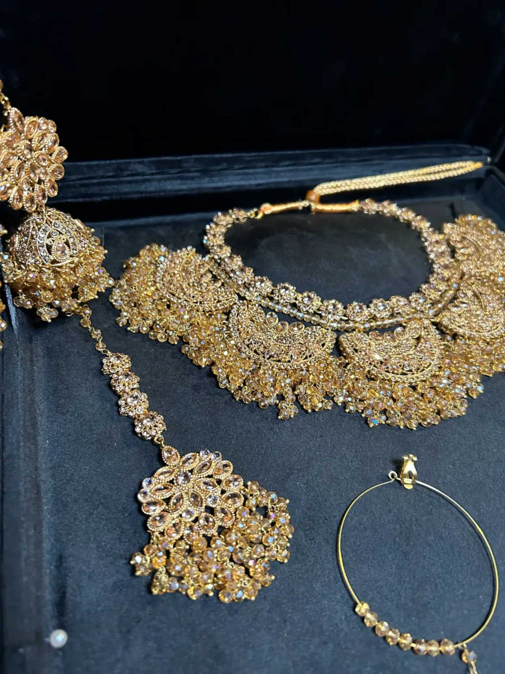 Detailed Gold Bridal Necklace set, with heavily beaded earrings & tikka - Jewelsbyrani