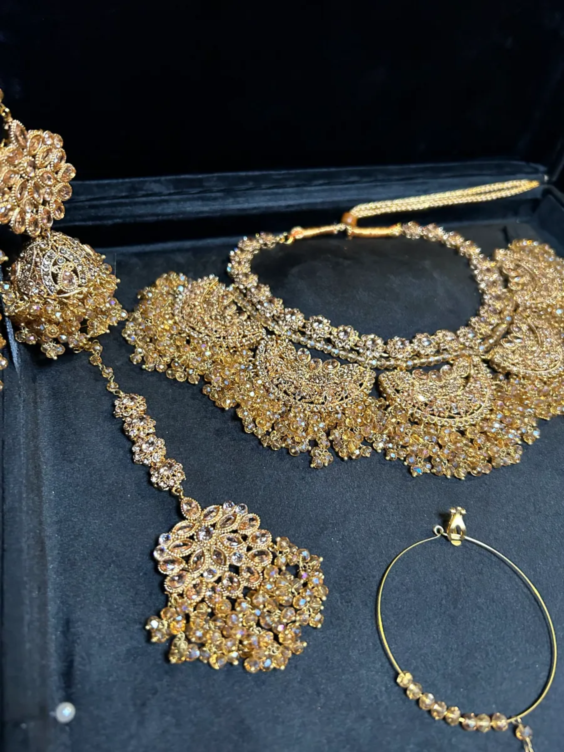 Detailed Gold Bridal Necklace set, with heavily beaded earrings & tikka