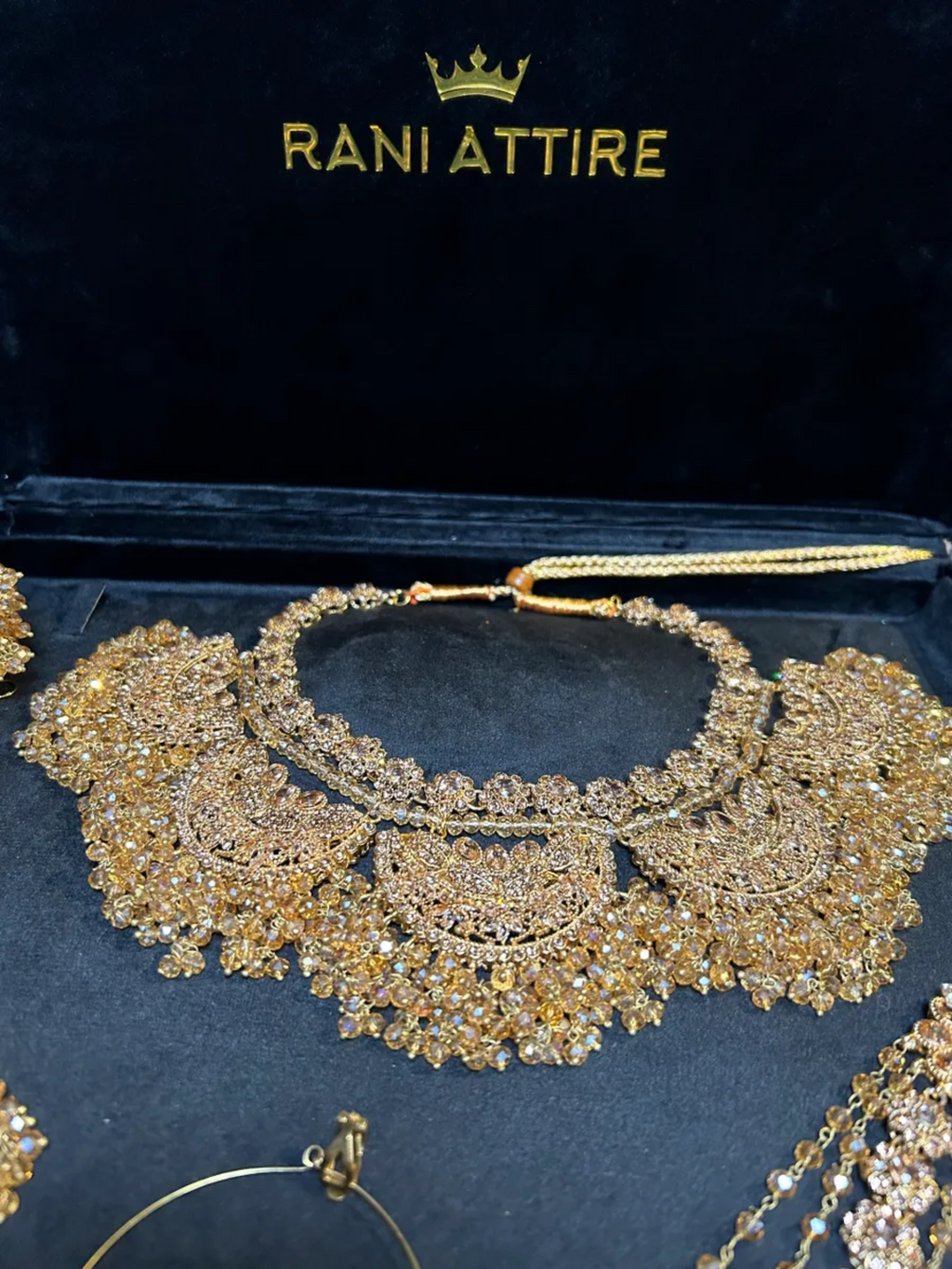 Detailed Gold Bridal Necklace set, with heavily beaded earrings & tikka - Jewelsbyrani