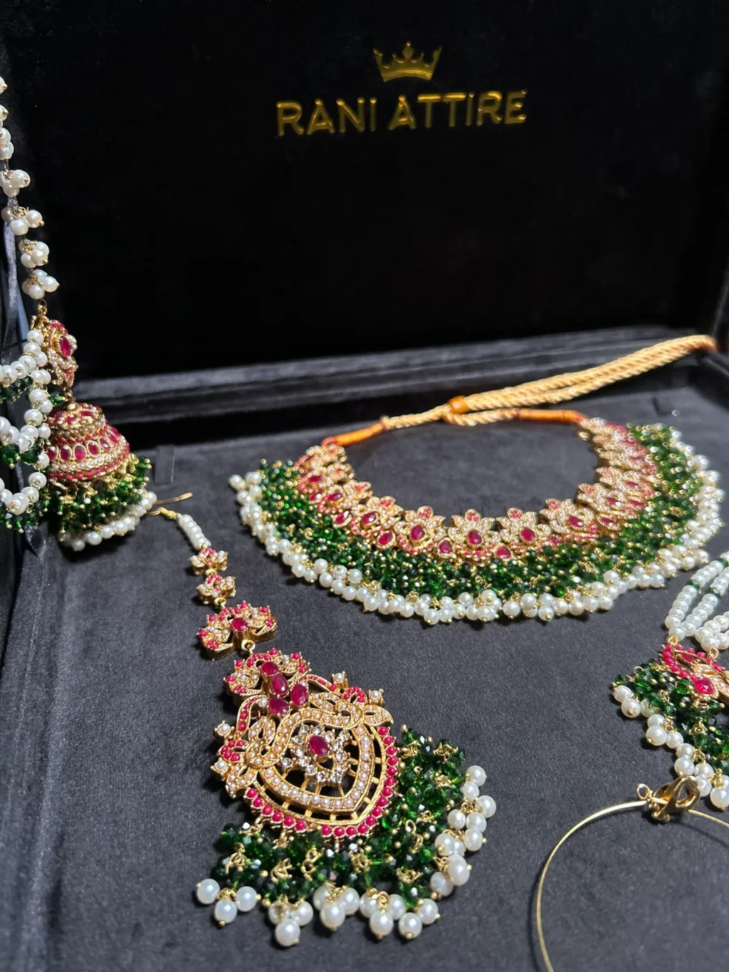 Beautiful Gold, White, Rosy Red & Green Heavily Beaded Bridal Set - Jewelsbyrani