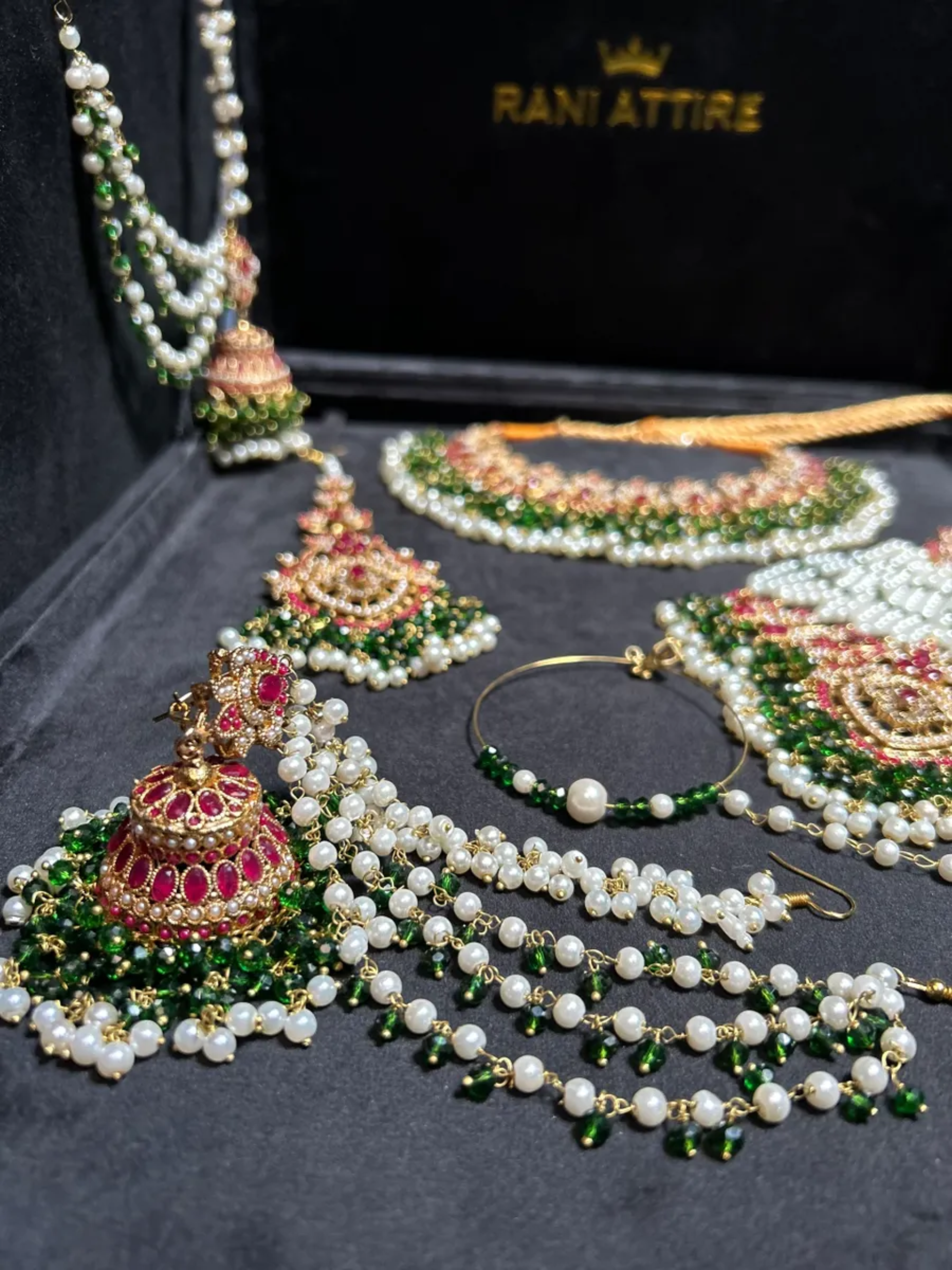 Beautiful Gold, White, Rosy Red & Green Heavily Beaded Bridal Set