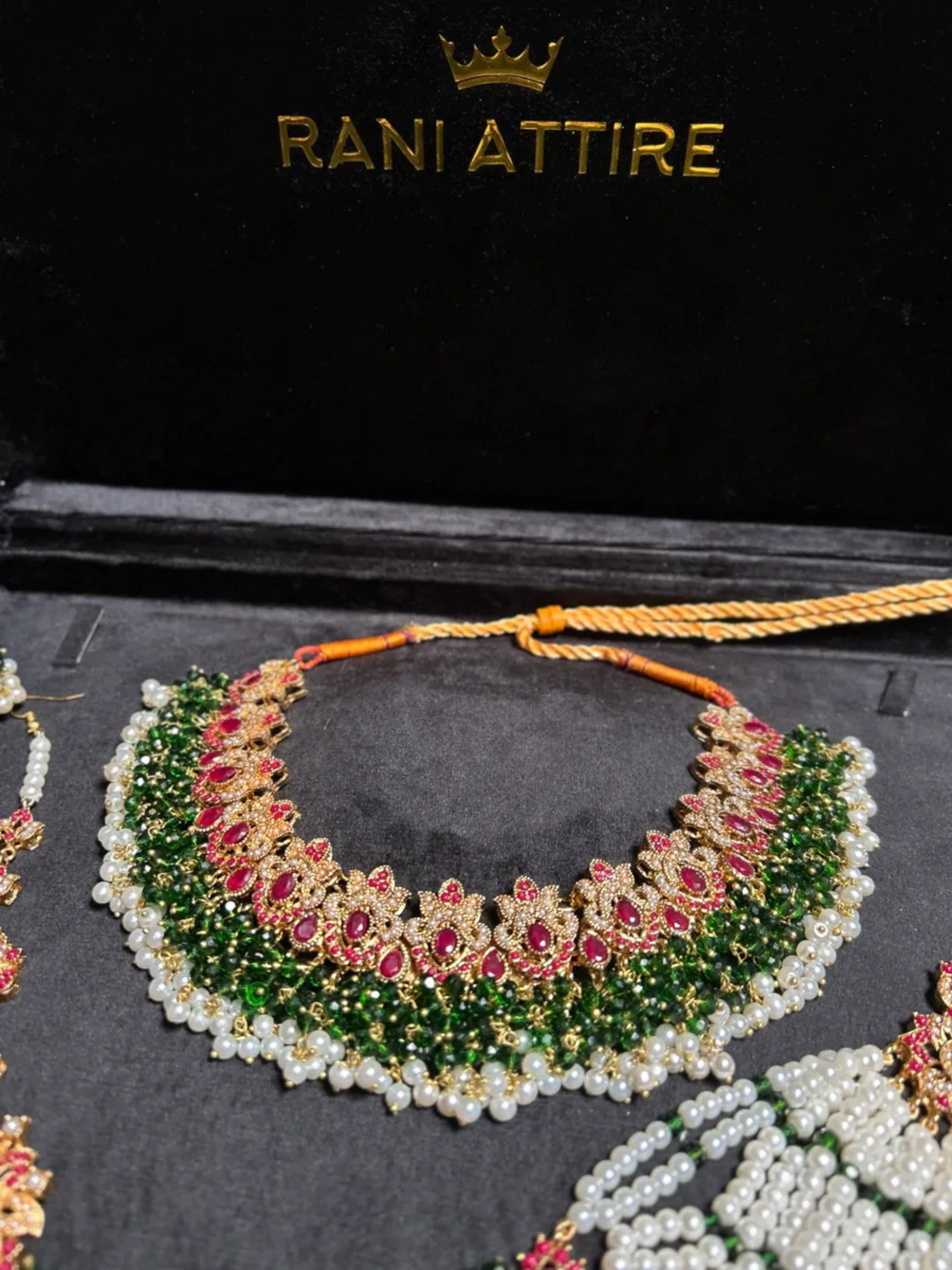 Beautiful Gold, White, Rosy Red & Green Heavily Beaded Bridal Set
