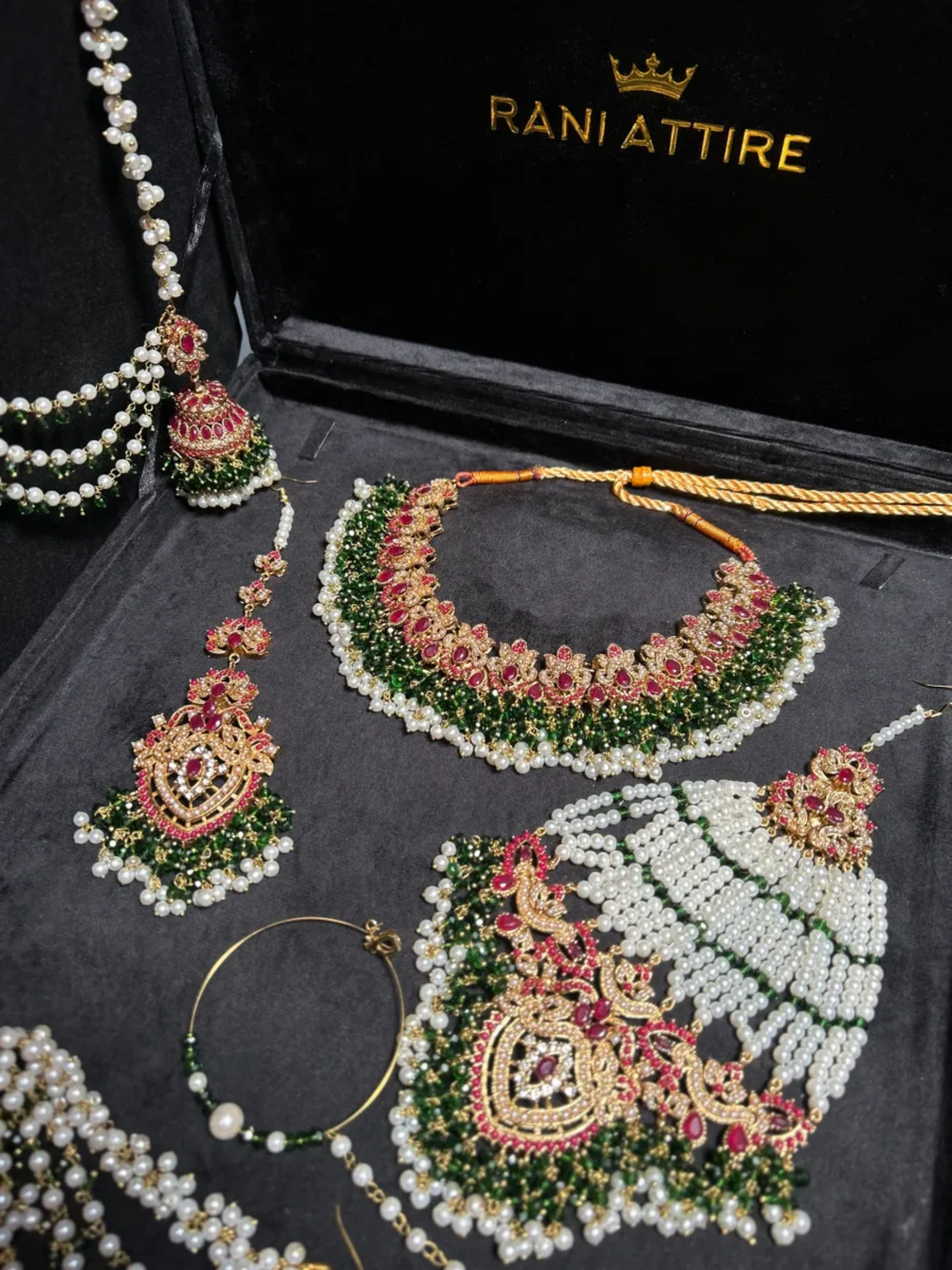 Beautiful Gold, White, Rosy Red & Green Heavily Beaded Bridal Set