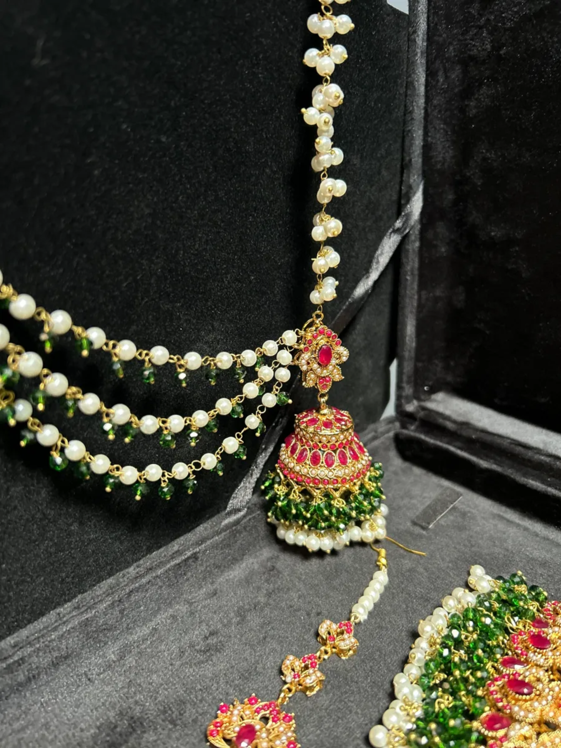 Beautiful Gold, White, Rosy Red & Green Heavily Beaded Bridal Set