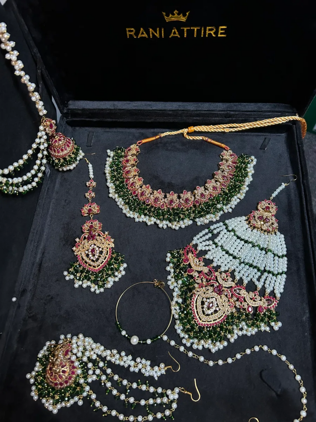 Beautiful Gold, White, Rosy Red & Green Heavily Beaded Bridal Set - Jewelsbyrani