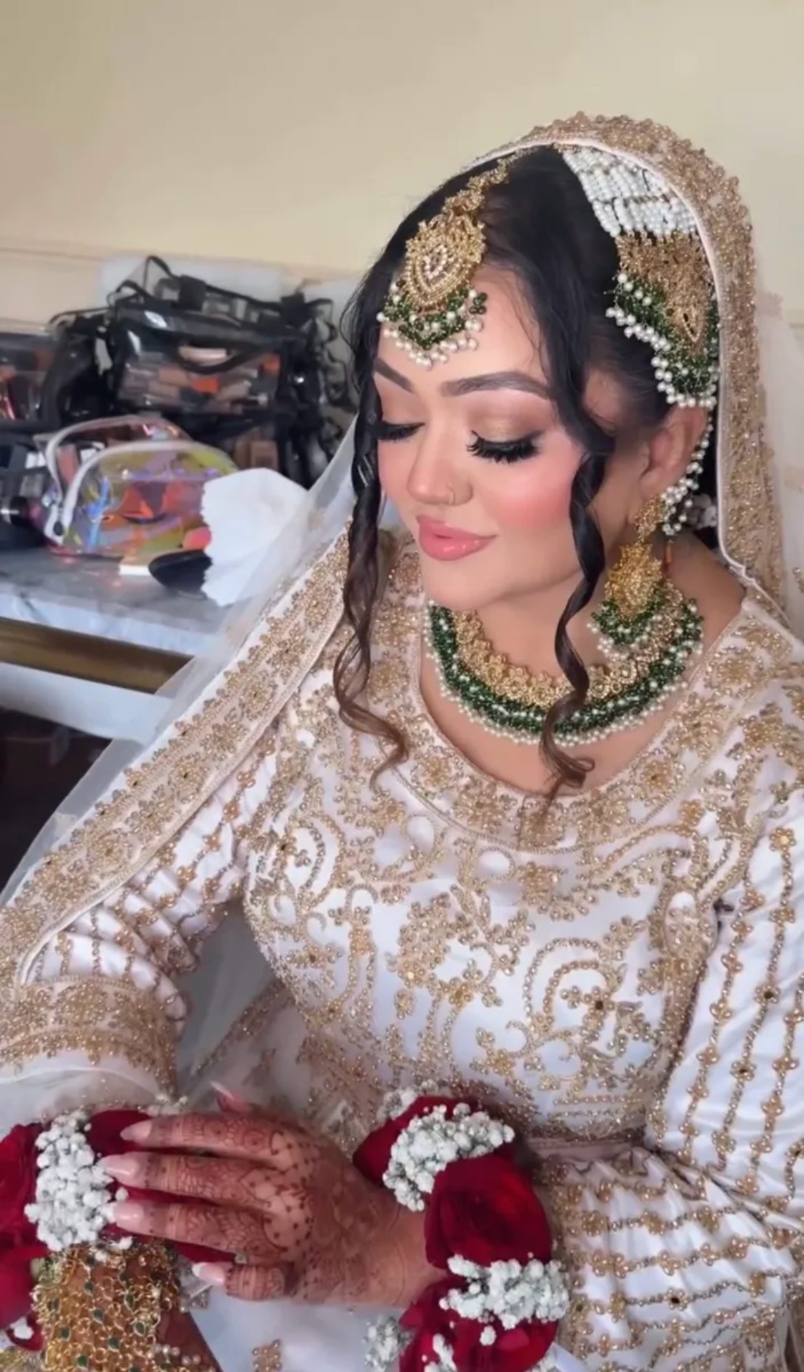 Beautiful Gold, White & Green Heavily Beaded Bridal Set