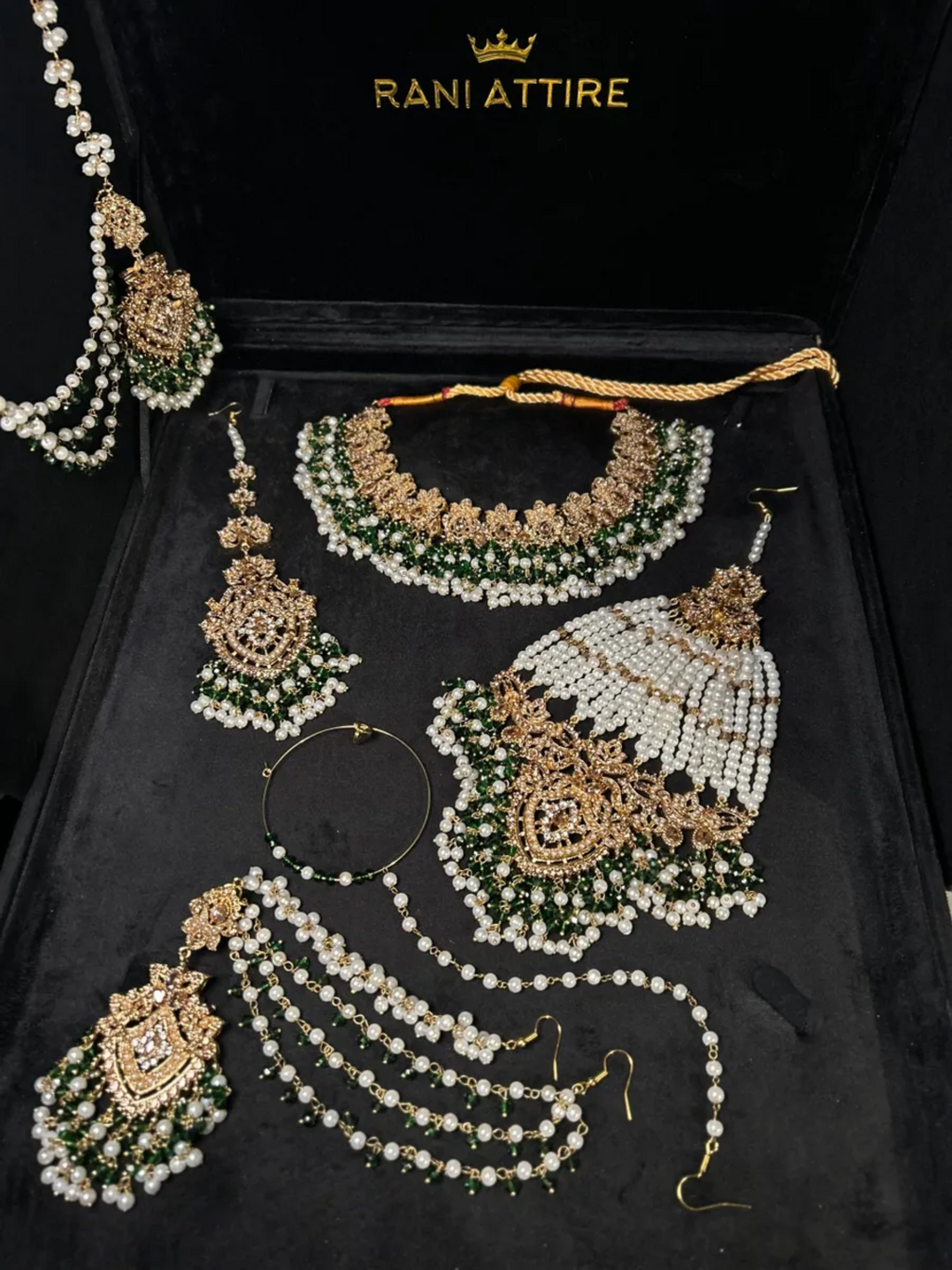 Beautiful Gold, White & Green Heavily Beaded Bridal Set - Jewelsbyrani