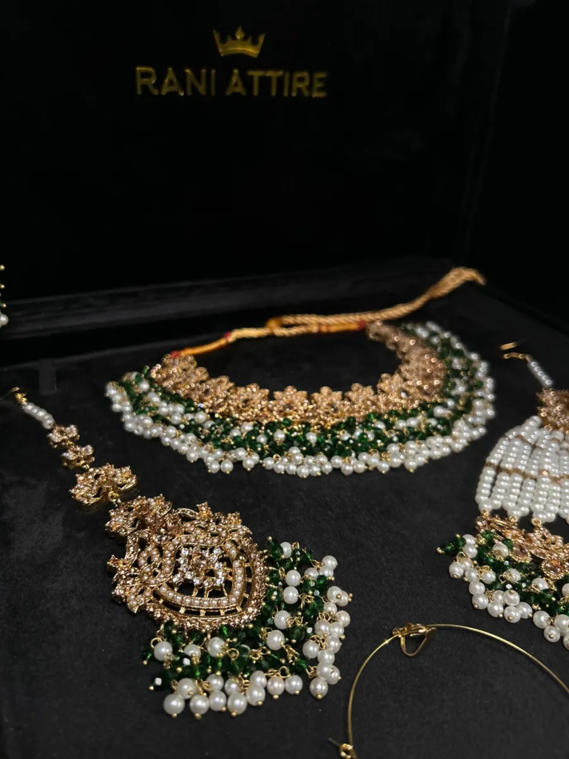 Beautiful Gold, White & Green Heavily Beaded Bridal Set