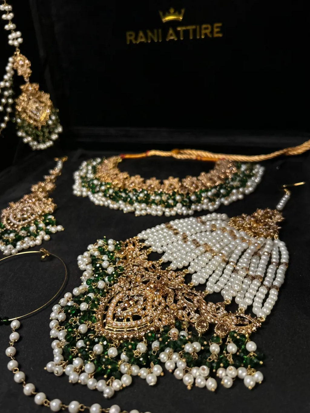 Beautiful Gold, White & Green Heavily Beaded Bridal Set - Jewelsbyrani