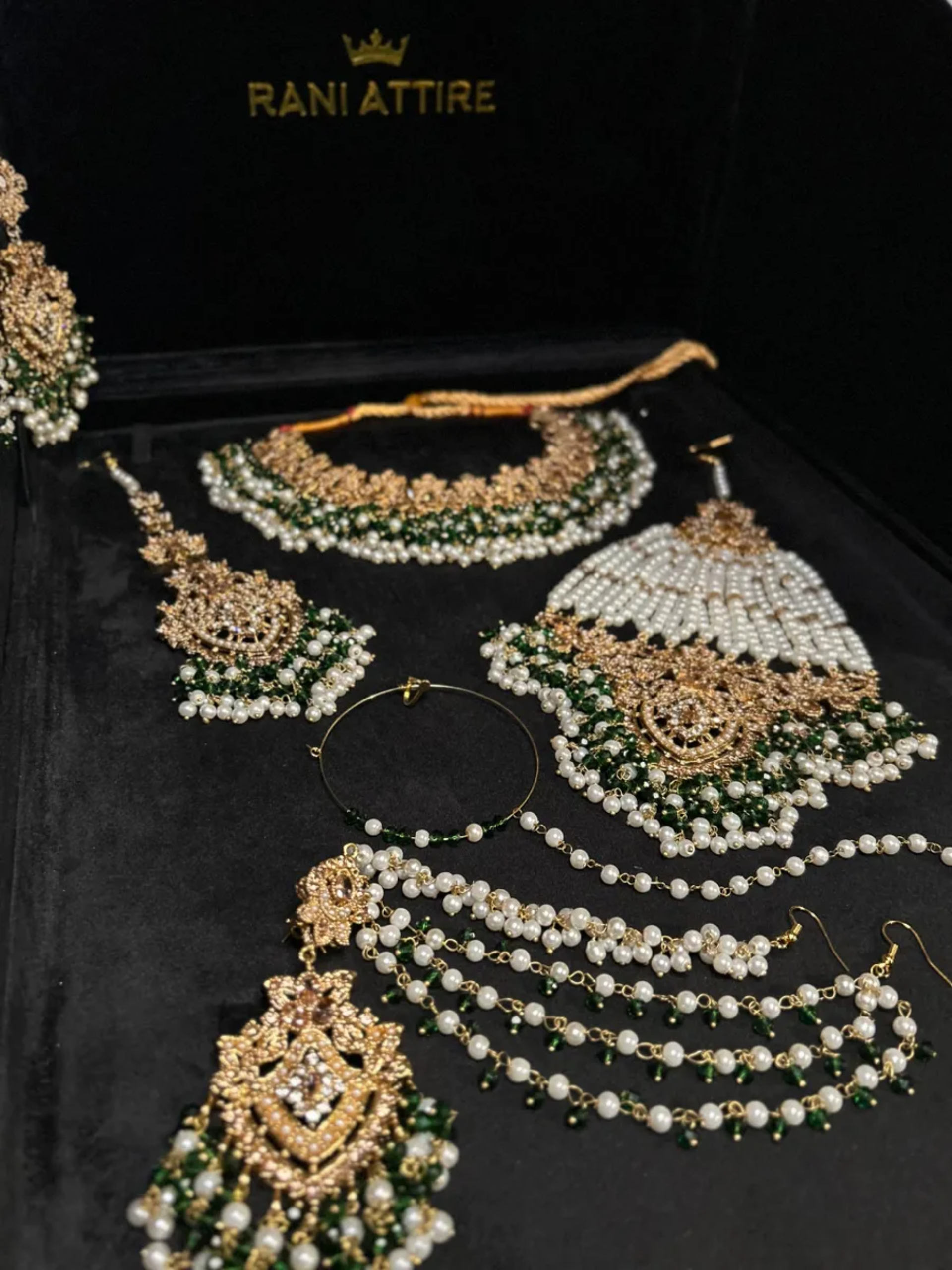 Beautiful Gold, White & Green Heavily Beaded Bridal Set