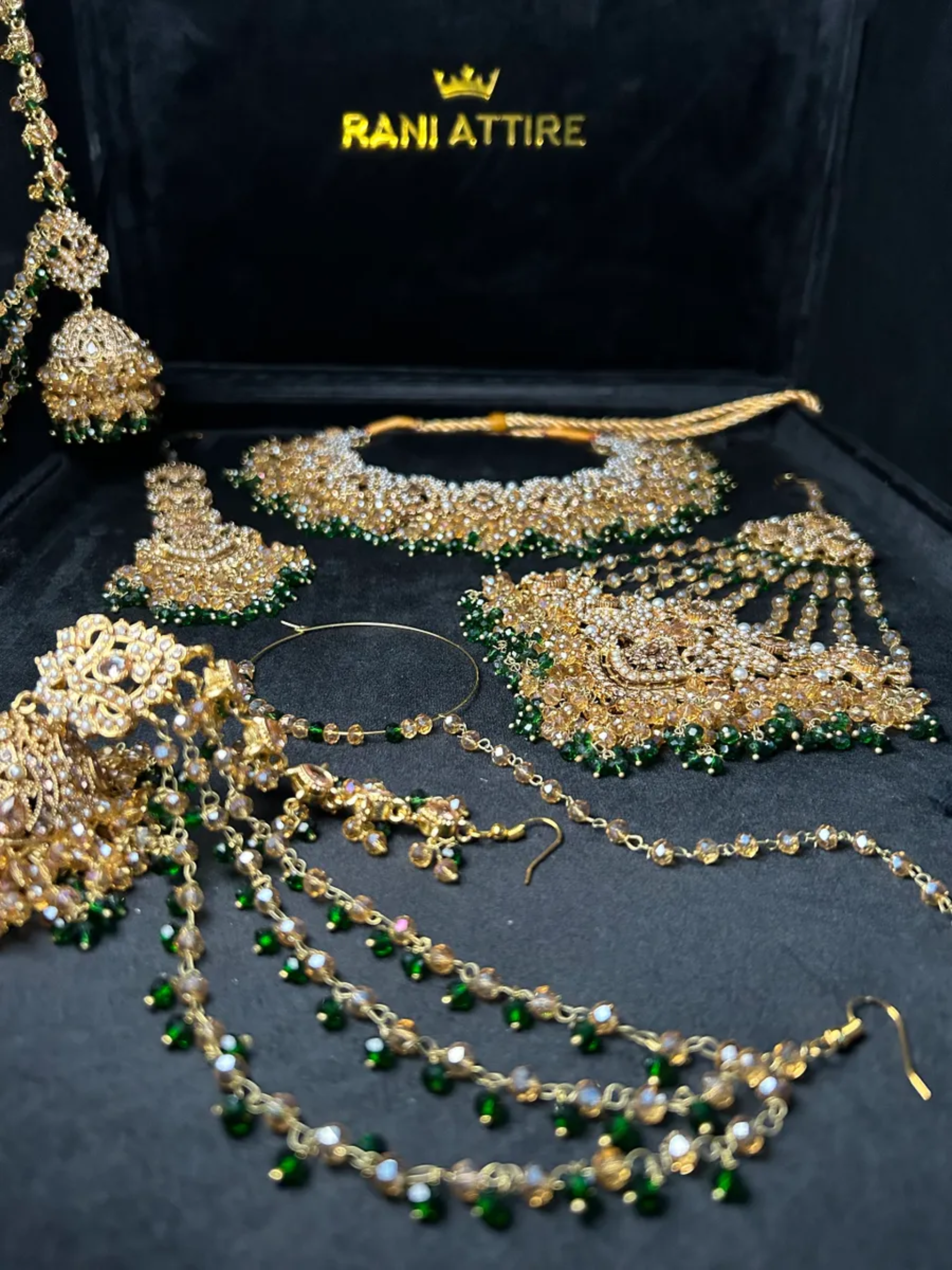 Beautiful Gold & Green Heavily Beaded Bridal Set - Jewelsbyrani