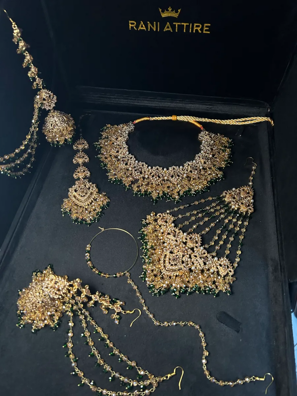 Beautiful Gold & Green Heavily Beaded Bridal Set - Jewelsbyrani