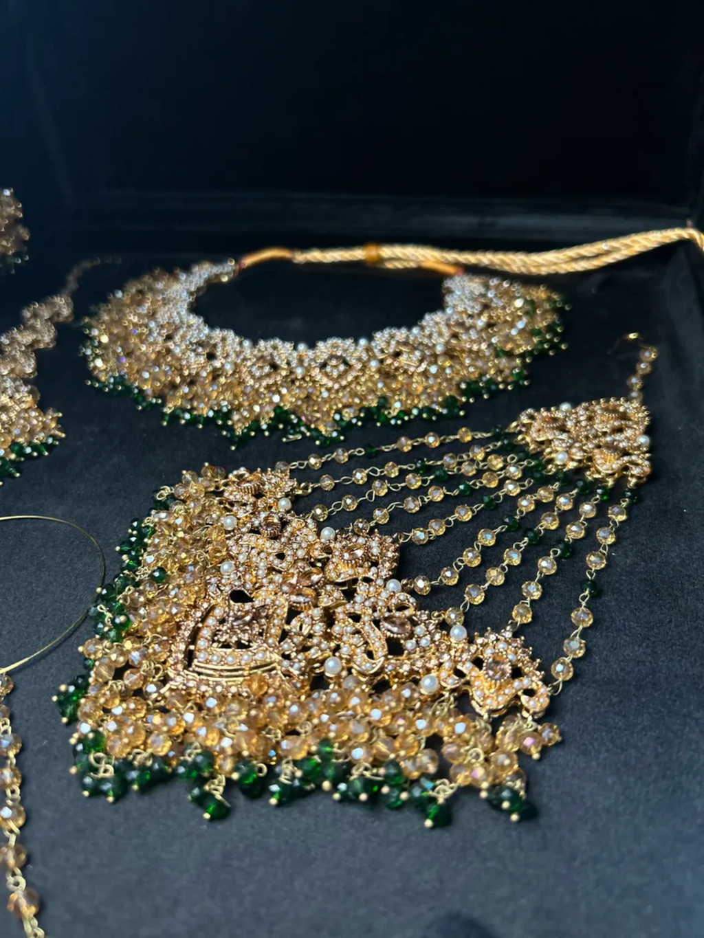 Beautiful Gold & Green Heavily Beaded Bridal Set - Jewelsbyrani