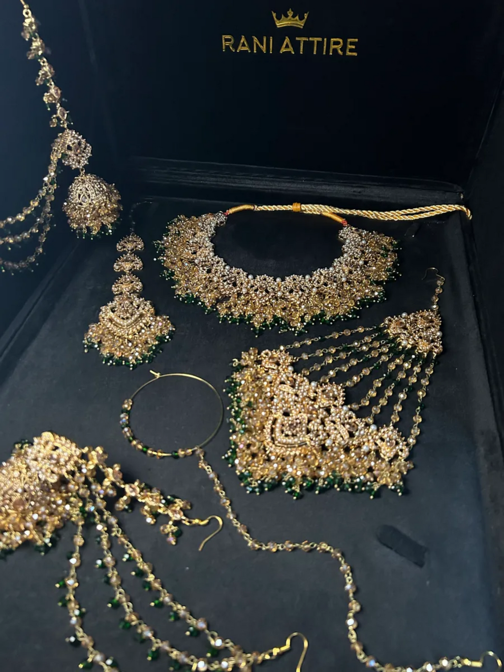 Beautiful Gold & Green Heavily Beaded Bridal Set - Jewelsbyrani