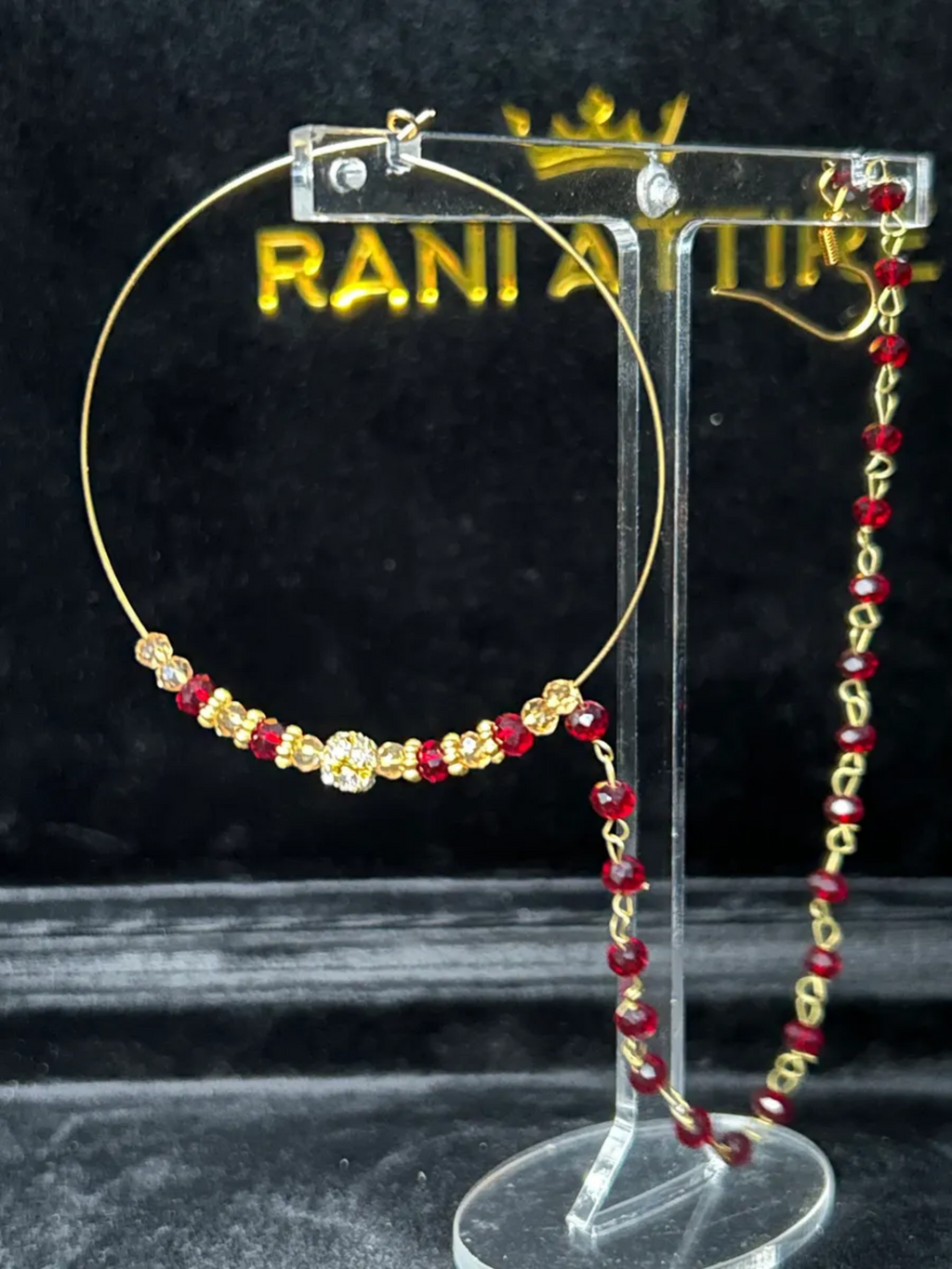 Bridal Gold & Maroon Beaded Bridal Nose Hoop/ Naath/ Nathli with Beaded Chain - Jewelsbyrani