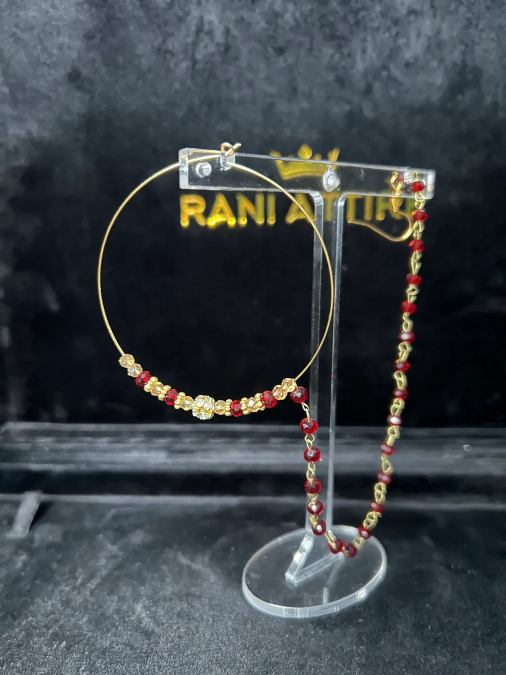 Bridal Gold & Maroon Beaded Bridal Nose Hoop/ Naath/ Nathli with Beaded Chain - Jewelsbyrani
