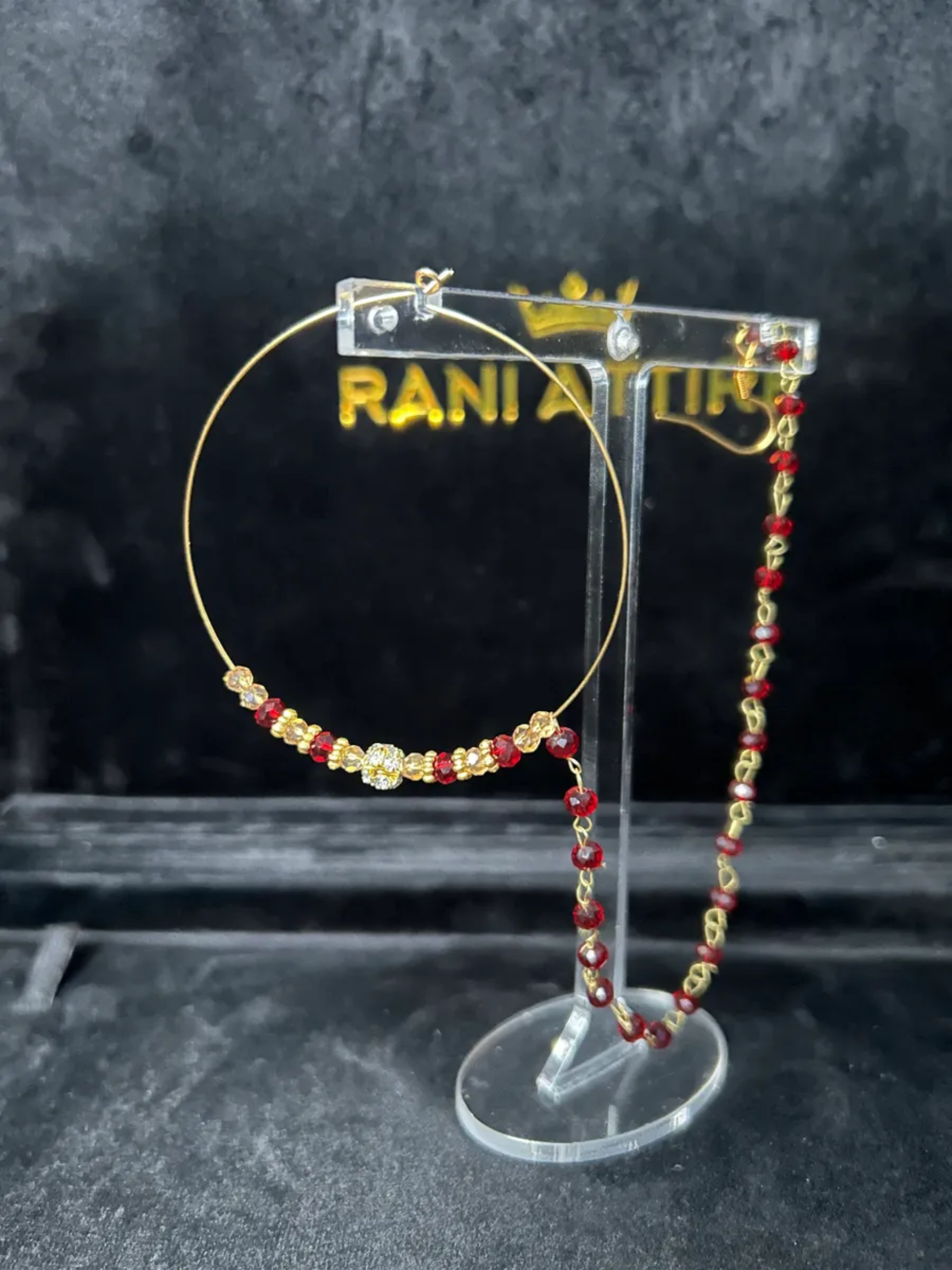 Bridal Gold & Maroon Beaded Bridal Nose Hoop/ Naath/ Nathli with Beaded Chain - Jewelsbyrani