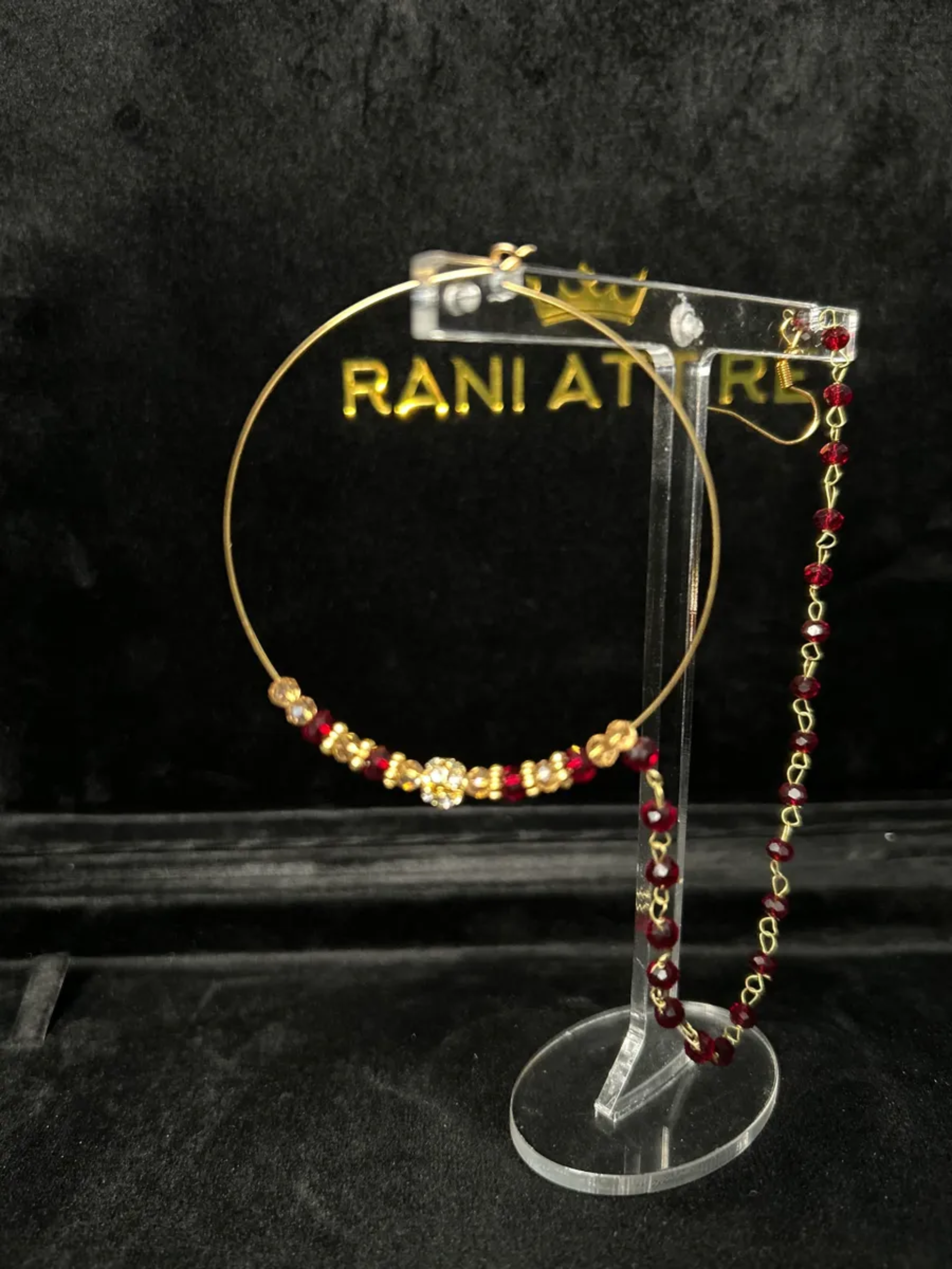 Bridal Gold & Maroon Beaded Bridal Nose Hoop/ Naath/ Nathli with Beaded Chain - Jewelsbyrani