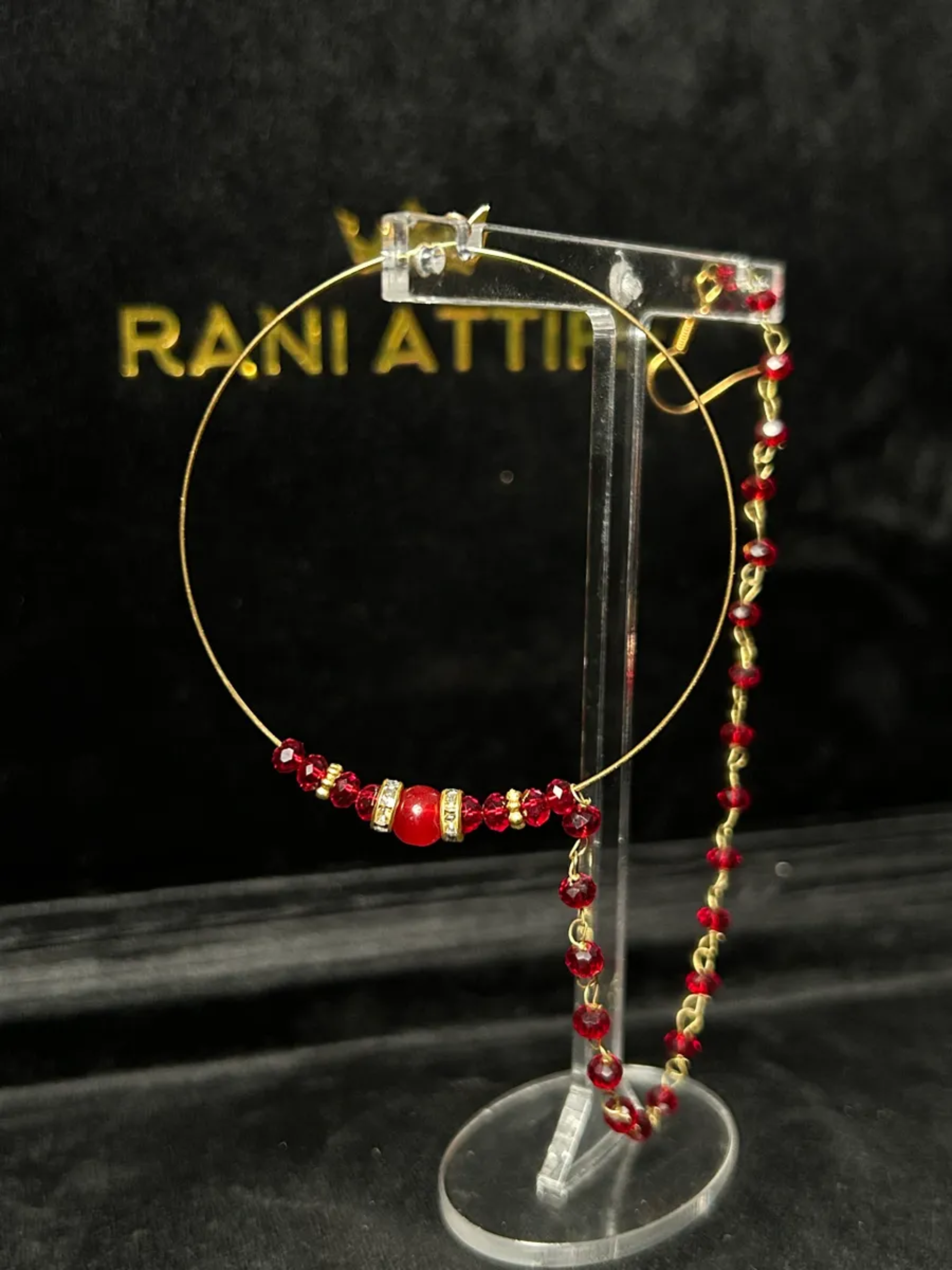 Bridal Gold & Deep Red Beaded Bridal Nose Hoop/ Naath/ Nathli with Beaded Chain - Jewelsbyrani