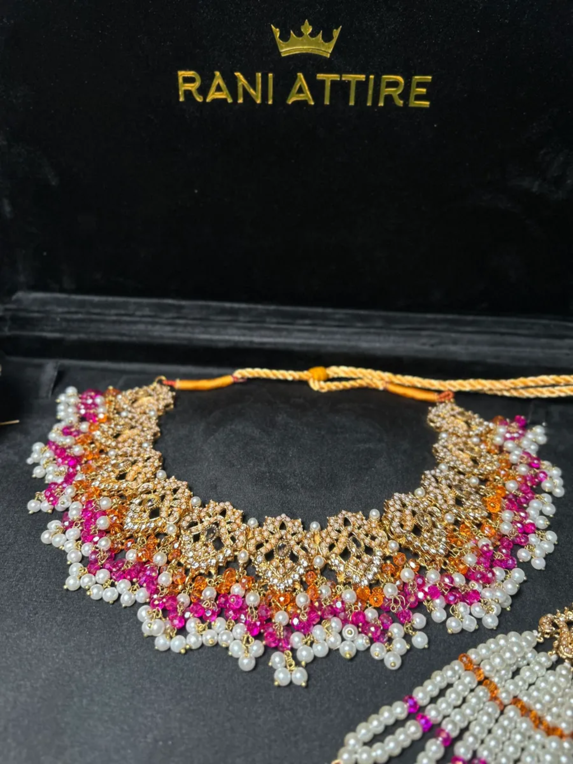 Hot Pink, White & Orange necklace Mehndi set, with heavily beaded earrings & tikka - Jewelsbyrani