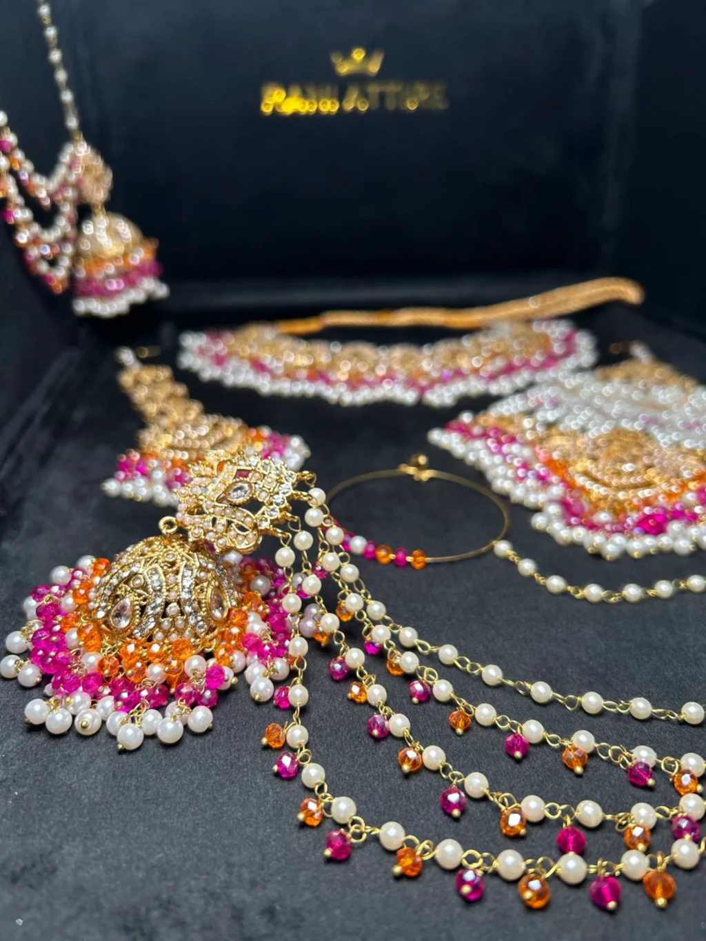 Hot Pink, White & Orange necklace Mehndi set, with heavily beaded earrings & tikka - Jewelsbyrani