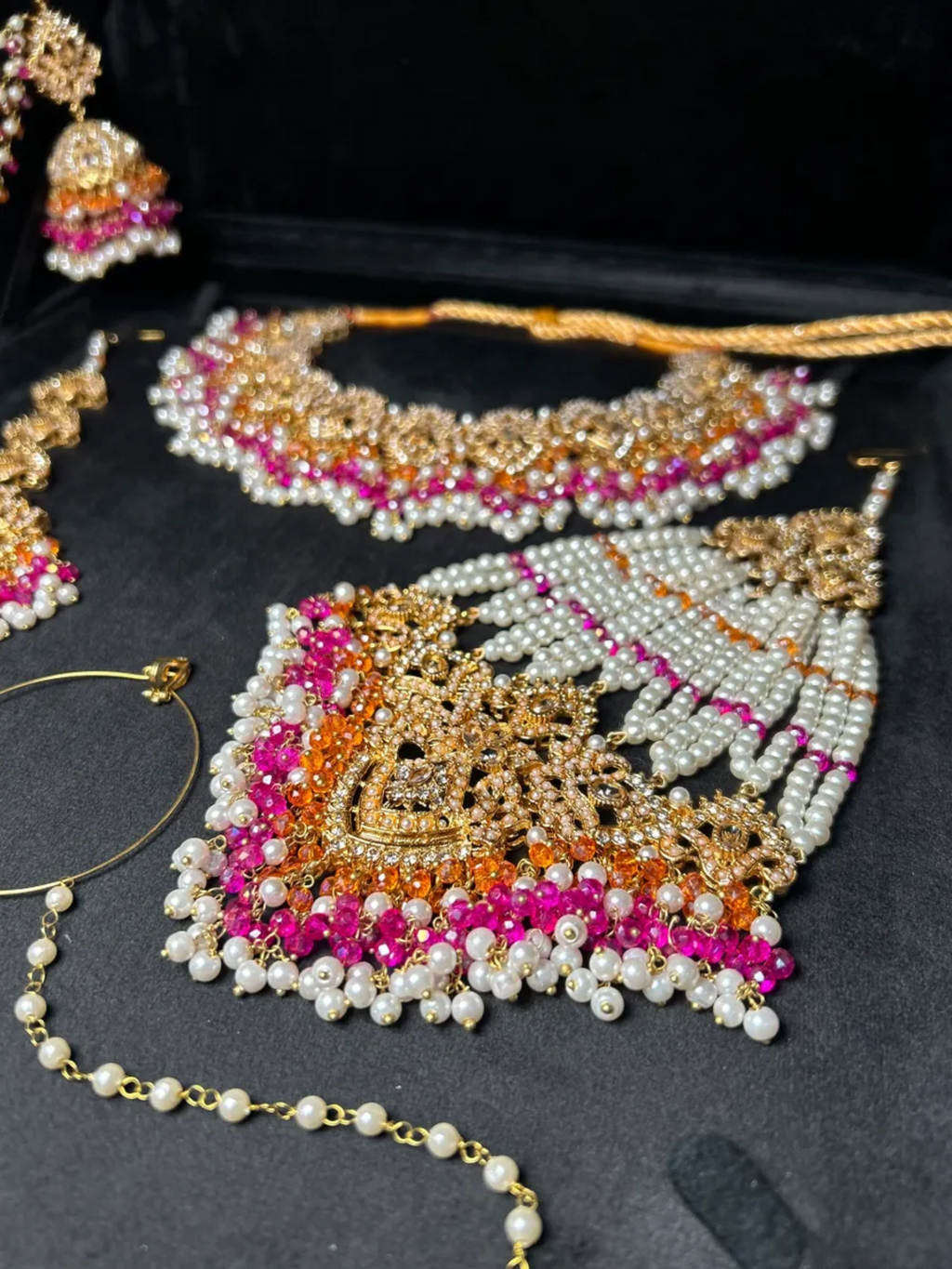 Hot Pink, White & Orange necklace Mehndi set, with heavily beaded earrings & tikka - Jewelsbyrani