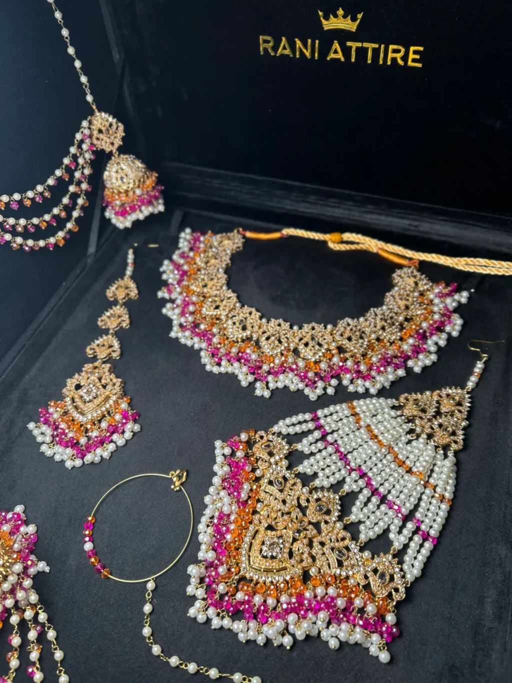 Hot Pink, White & Orange necklace Mehndi set, with heavily beaded earrings & tikka - Jewelsbyrani